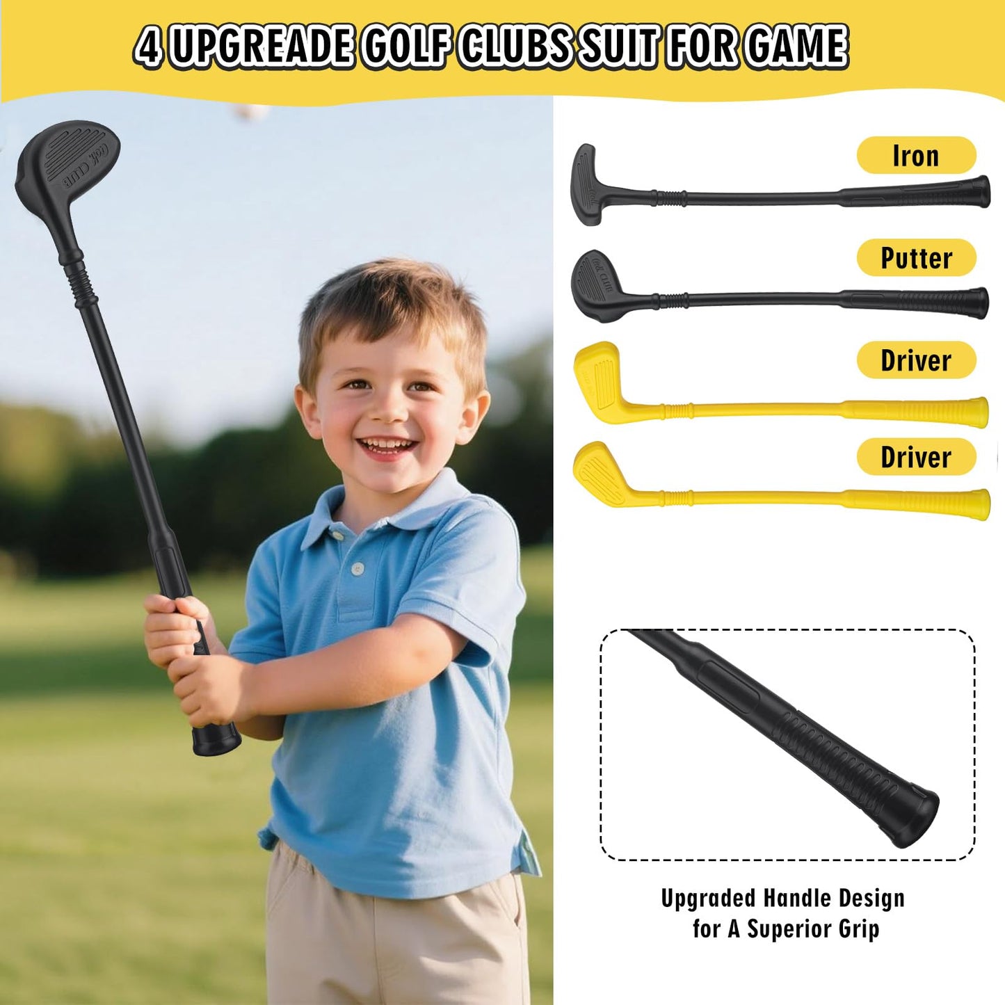 VROGTIK Toddler Golf Set with Cart – 4 Upgraded Handle Clubs & 47.2-inch Putting Mat
