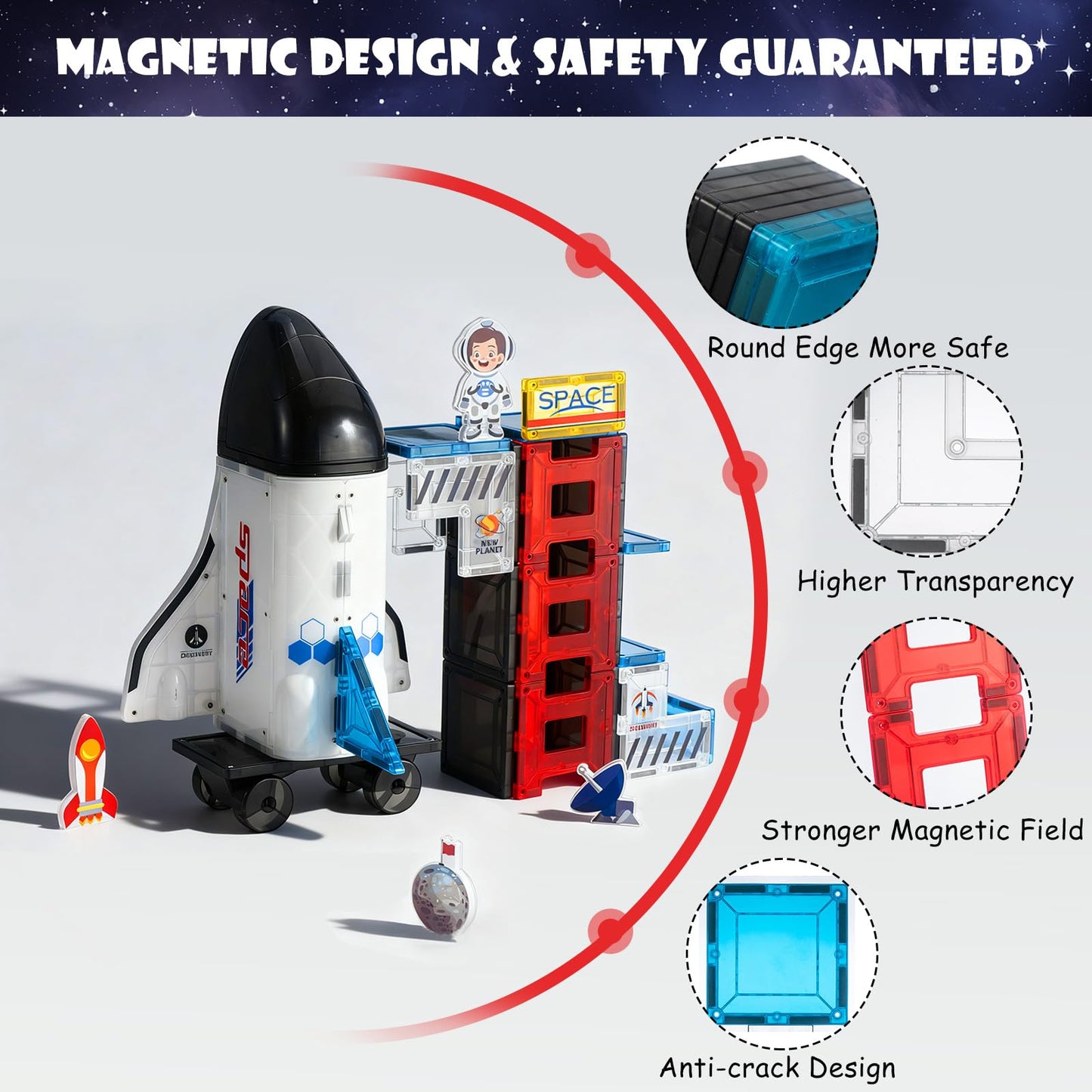 VROGTIK Space Theme Magnetic Tiles – 30-Piece Rocket Ship STEM Building Set