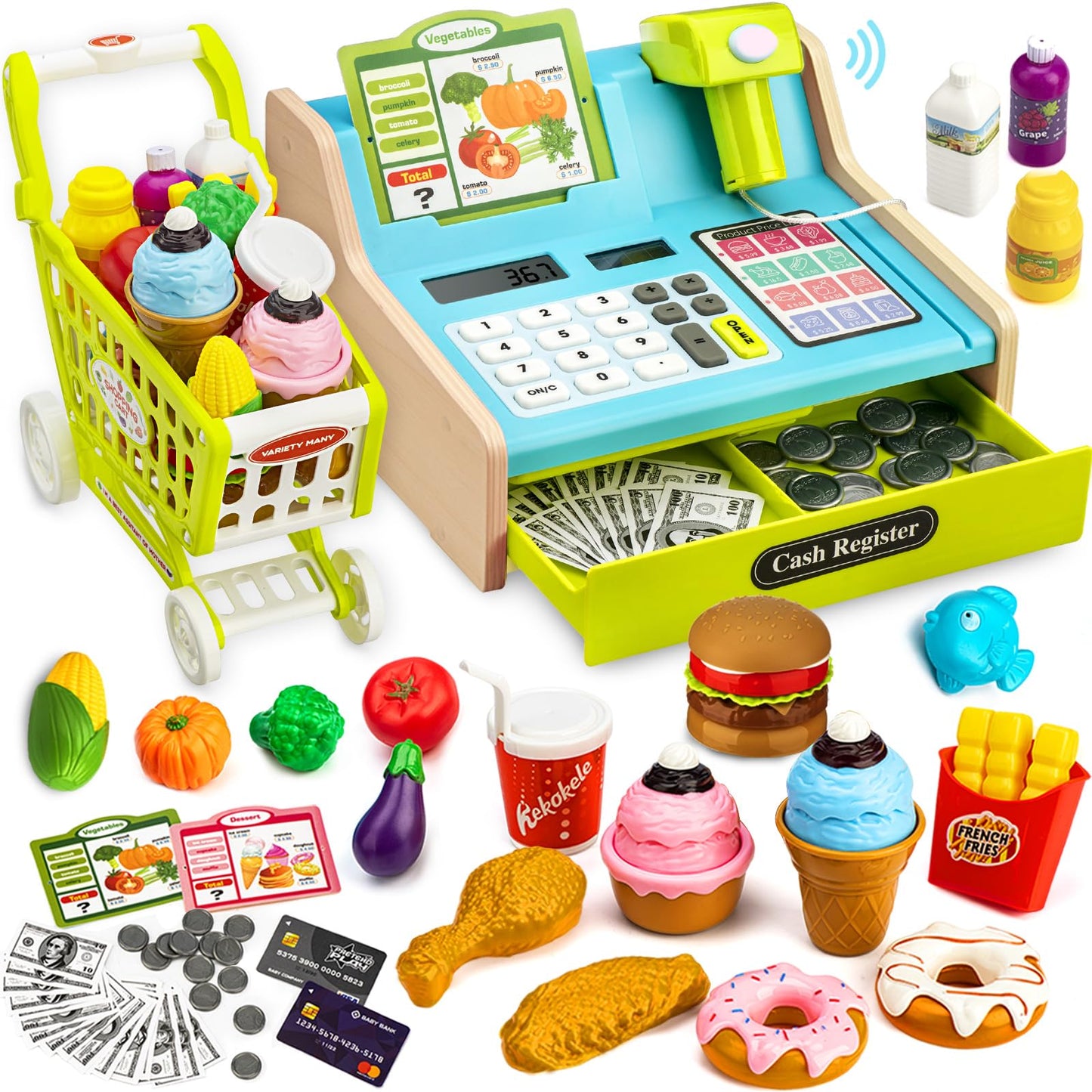 VROGTIK Wooden Cash Register with Shopping Cart — Rechargeable Pretend Play Toy for Kids 3–12