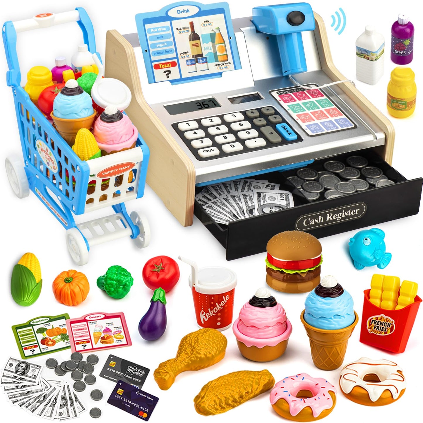 VROGTIK Wooden Cash Register with Shopping Cart – Rechargeable Pretend Play Toy for Kids