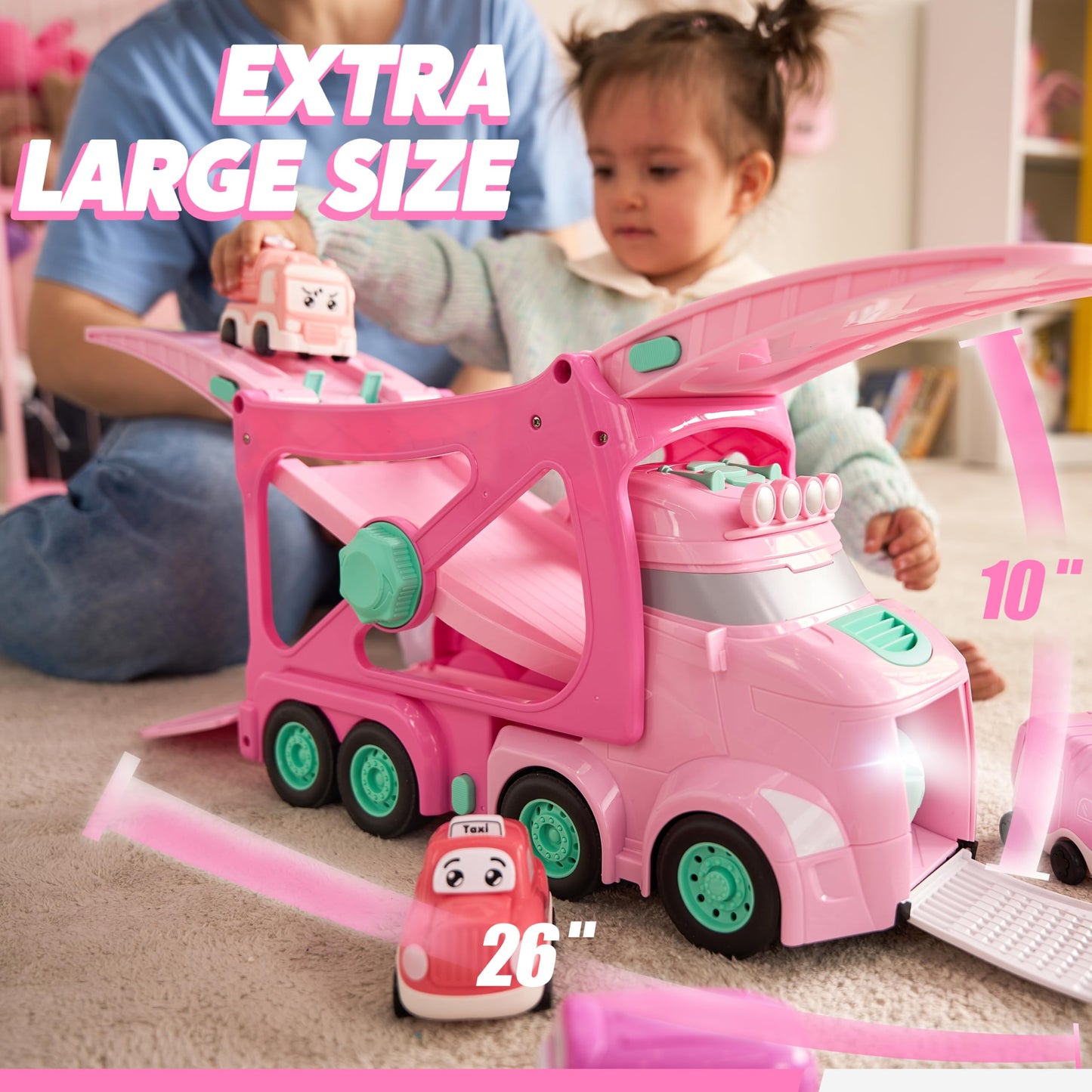 Vroomix Extra Large Toy Trucks for Toddlers – 7-in-1 Carrier Truck with Siren & Lights