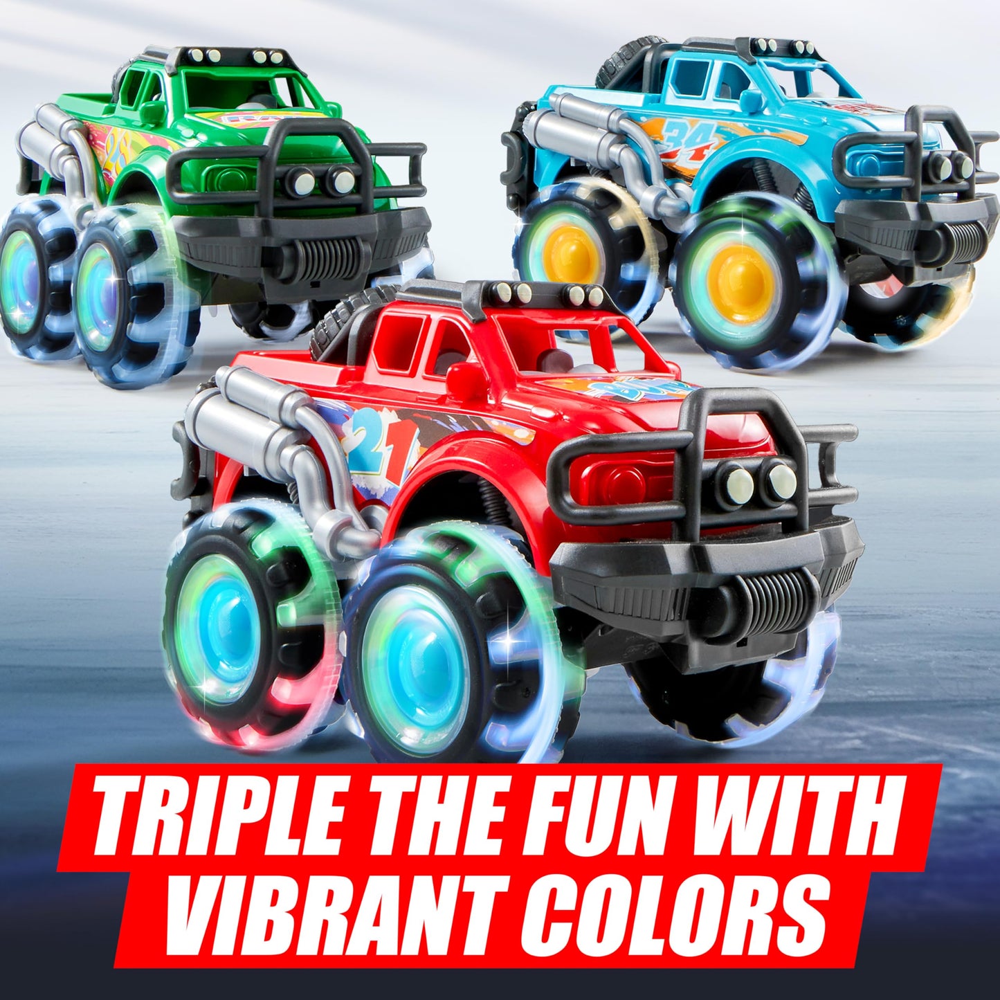 Vroomix GlowRover 3Pack Monster Trucks – LED Wheel Light-Up Toys for Toddlers