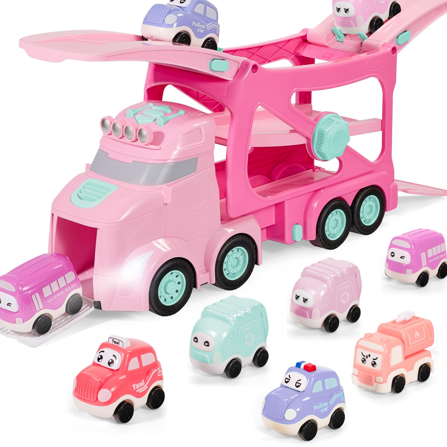 Vroomix Extra Large Toy Trucks for Toddlers – 7-in-1 Carrier Truck with Siren & Lights