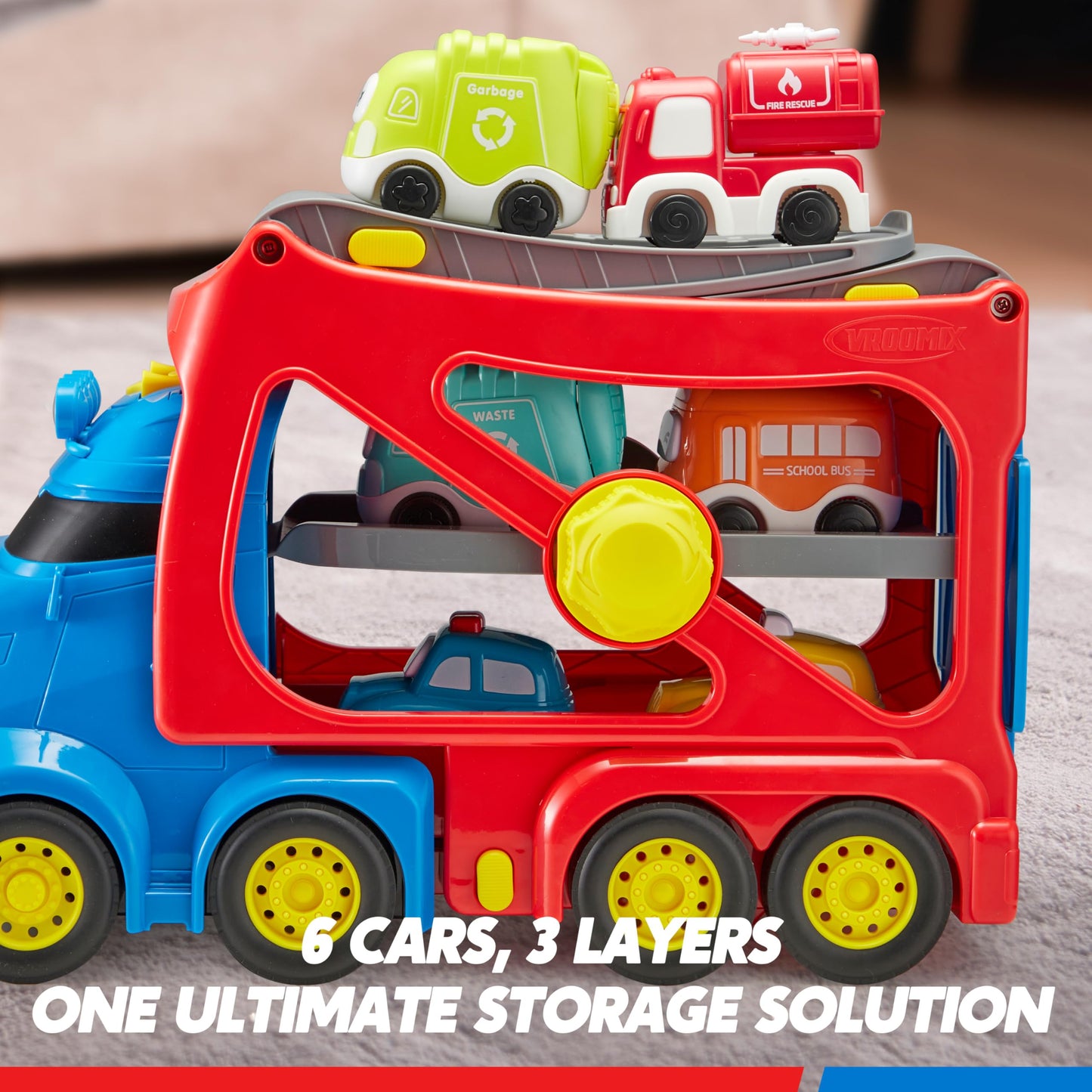 Vroomix Extra Large Toy Trucks for Toddlers – 7-in-1 Carrier Truck with Siren & Lights (26in)