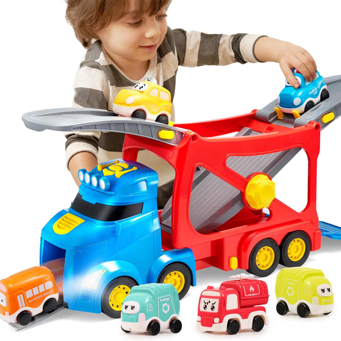 Vroomix Extra Large Toy Trucks for Toddlers – 7-in-1 Carrier Truck with Siren & Lights (26in)