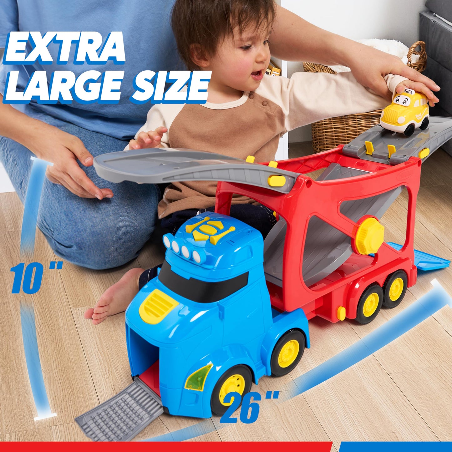 Vroomix Extra Large Toy Trucks for Toddlers – 7-in-1 Carrier Truck with Siren & Lights (26in)
