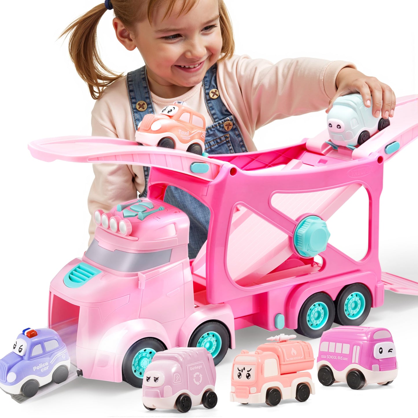 Vroomix Extra Large Toy Trucks for Toddlers – 7-in-1 Carrier Truck with Siren & Lights