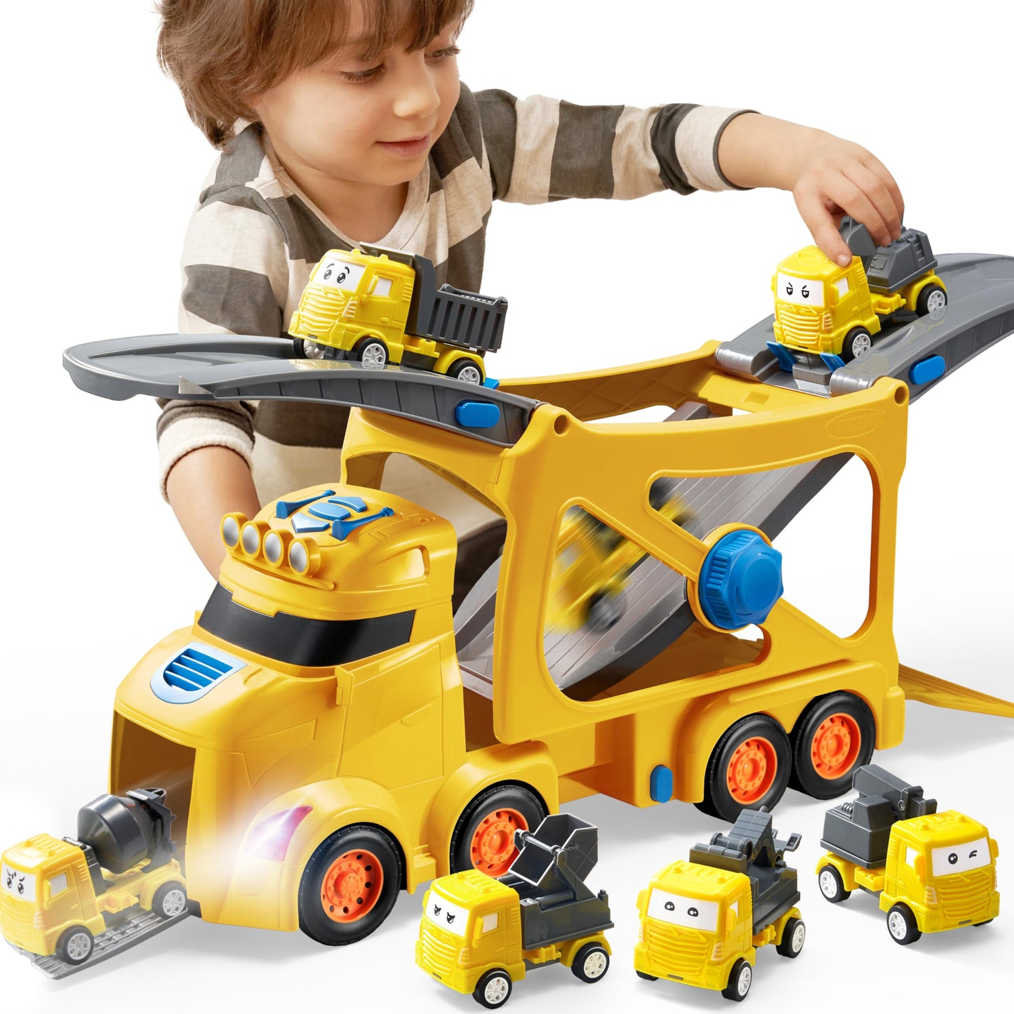 Vroomix Extra Large Toy Trucks for Toddlers – 7-in-1 Carrier Truck with Lights & 6 Cars