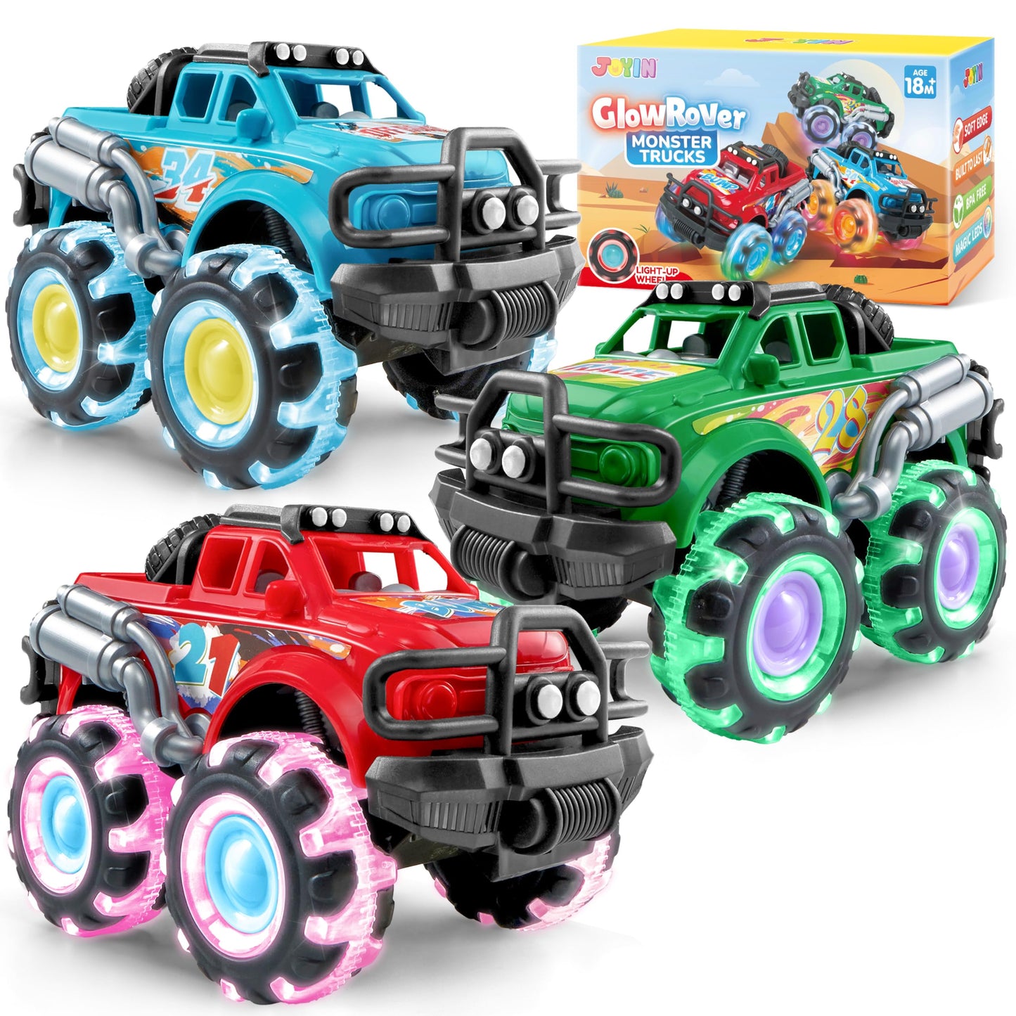 Vroomix GlowRover 3Pack Monster Trucks – LED Wheel Light-Up Toys for Toddlers