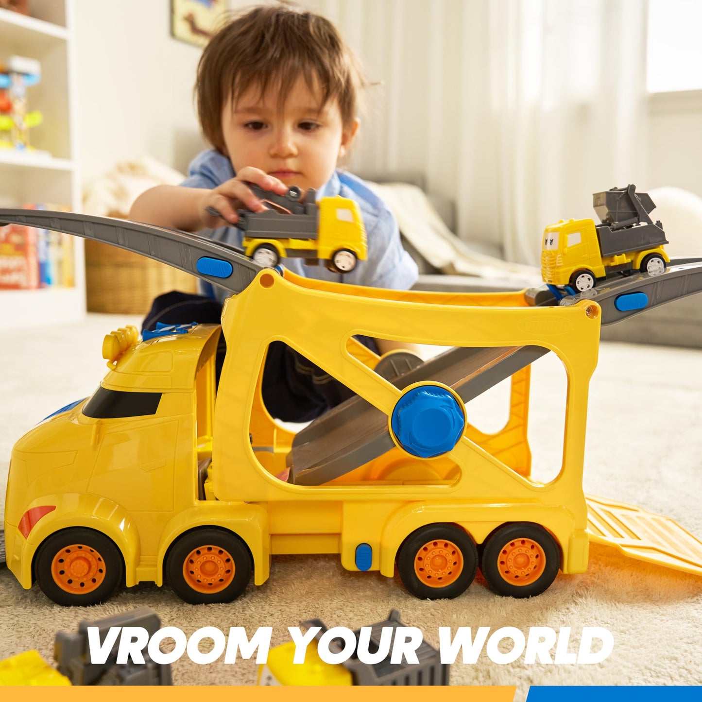 Vroomix Extra Large Toy Trucks for Toddlers – 7-in-1 Carrier Truck with Lights & 6 Cars