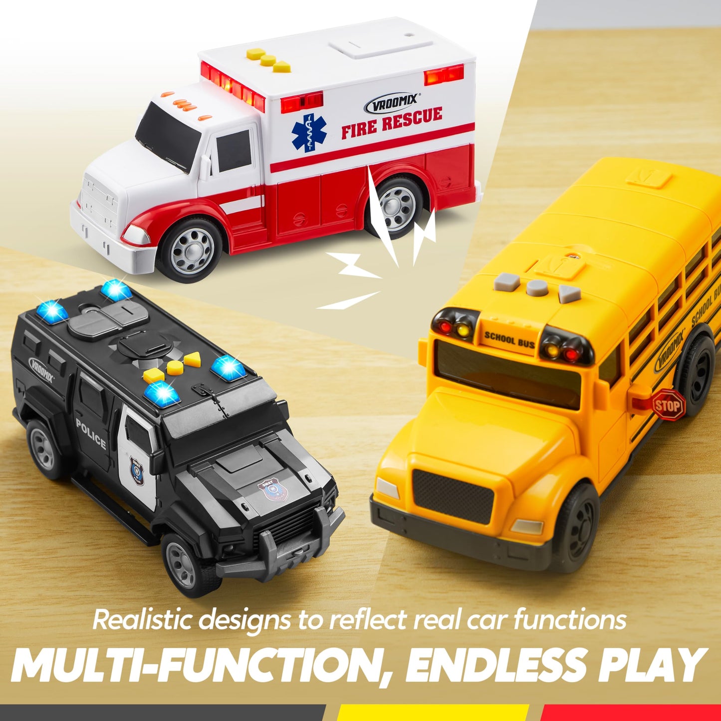 Vroomix Jova Emergency & School Vehicle Toy Set – Friction-Powered Cars with Lights & Sounds