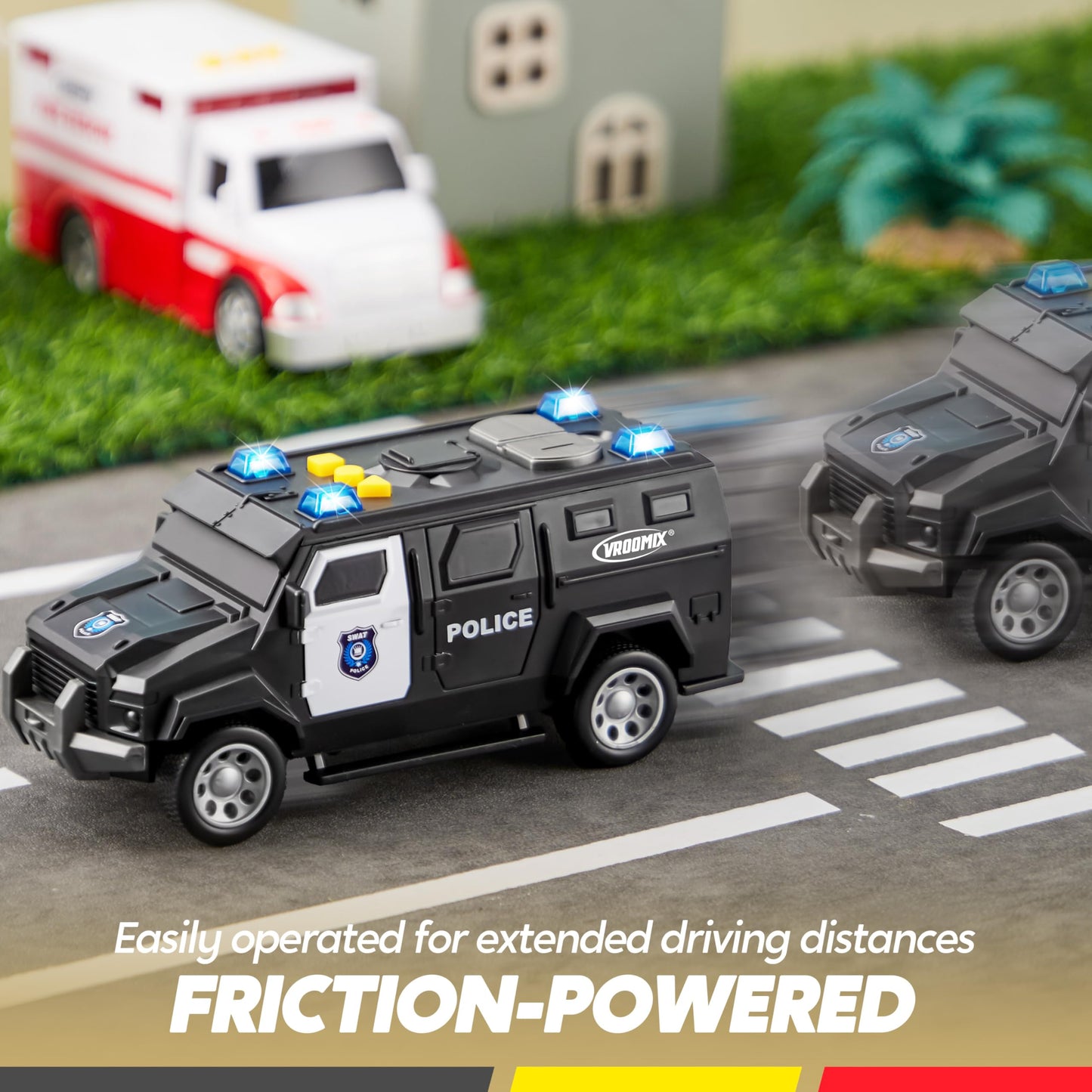 Vroomix Jova Emergency & School Vehicle Toy Set – Friction-Powered Cars with Lights & Sounds