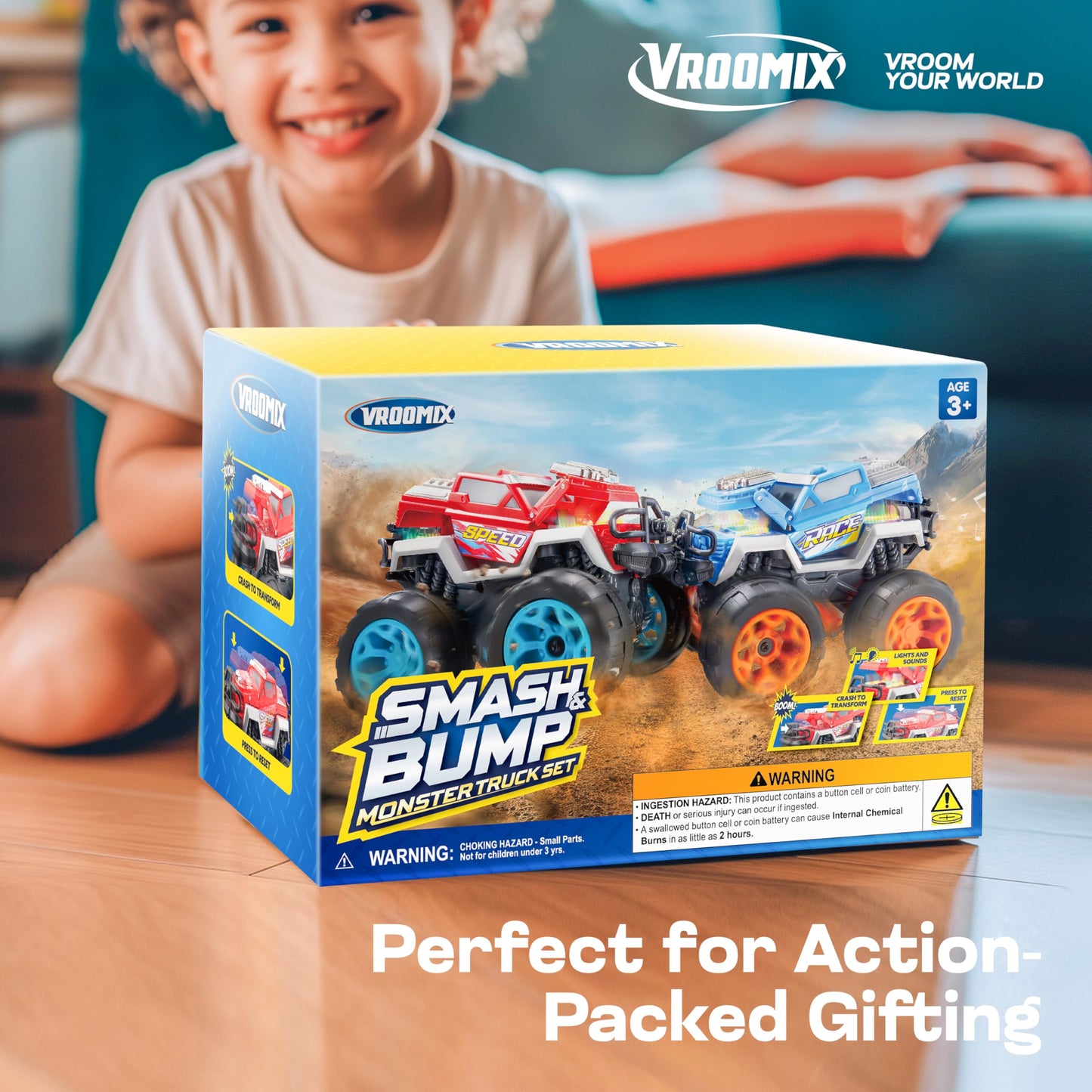 Jova Vroomix 2-Pack Smash & Bump Monster Trucks | Crash Sounds & Flashing Lights for Toddlers 3–7 | Gift-Ready