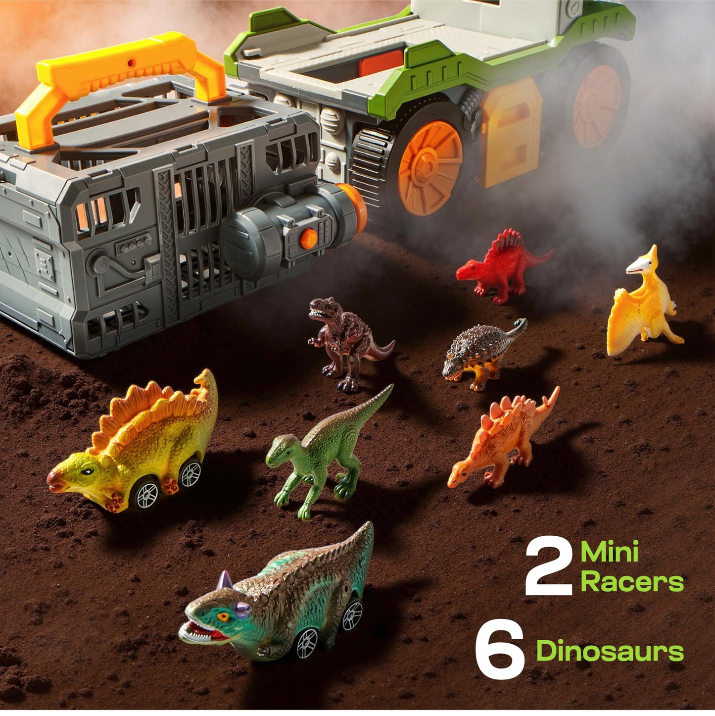 Vroomix JOVA 9-in-1 Dinosaur Transport Truck for Kids 3-5 | 2 Cars, 6 Figures, Launcher