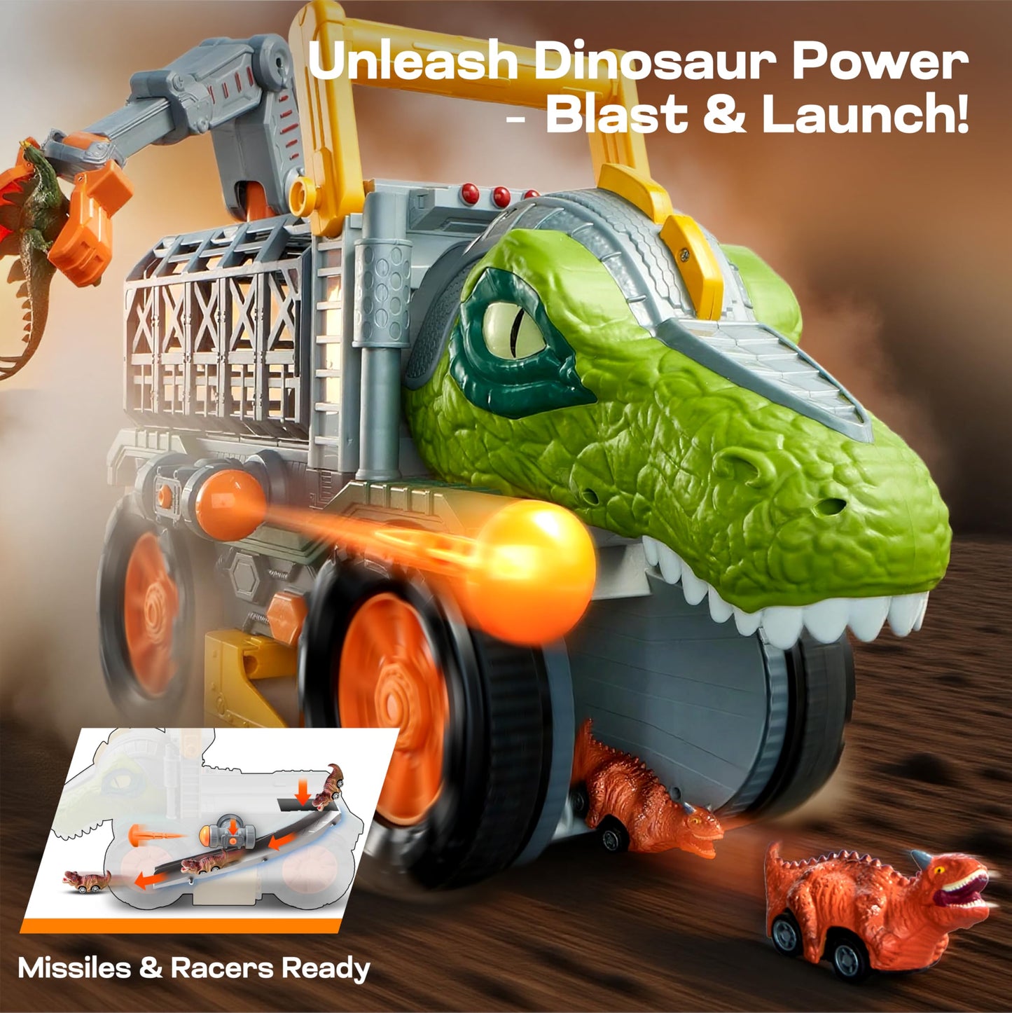 Vroomix JOVA Dinosaur Monster Truck – Extra-Large Toy with Launcher, Crane & Tunnel