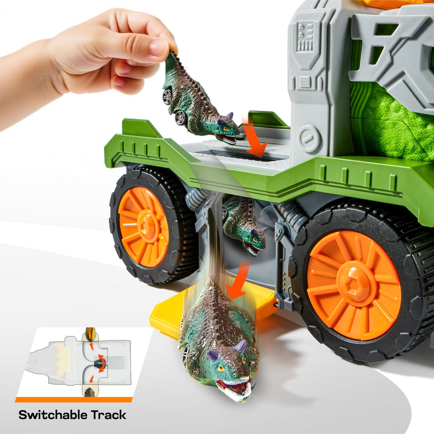 Vroomix JOVA 9-in-1 Dinosaur Transport Truck for Kids 3-5 | 2 Cars, 6 Figures, Launcher