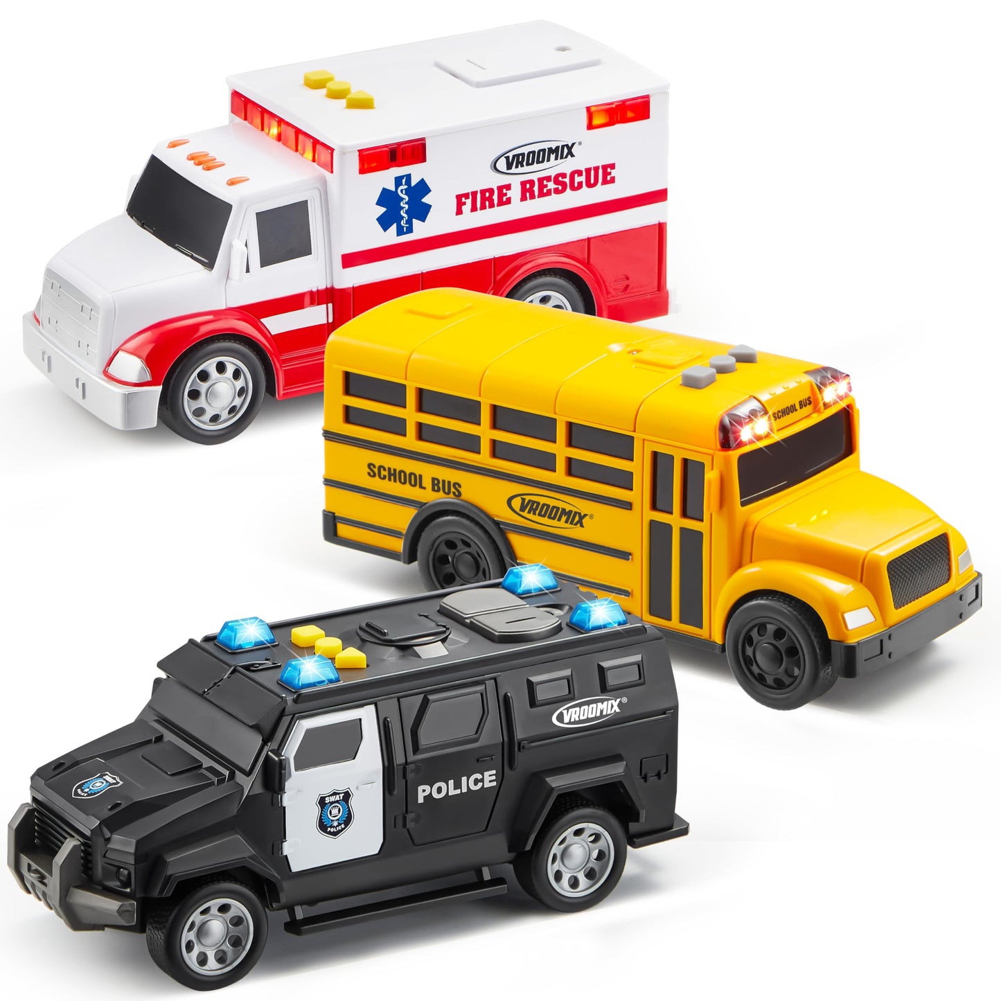 Vroomix Jova Emergency & School Vehicle Toy Set – Friction-Powered Cars with Lights & Sounds