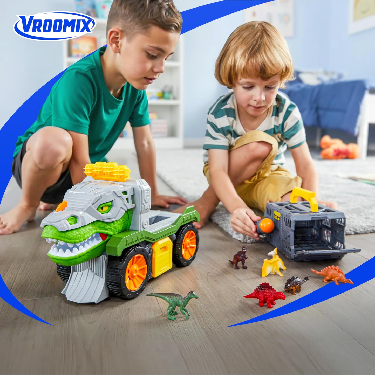 Vroomix JOVA 9-in-1 Dinosaur Transport Truck for Kids 3-5 | 2 Cars, 6 Figures, Launcher