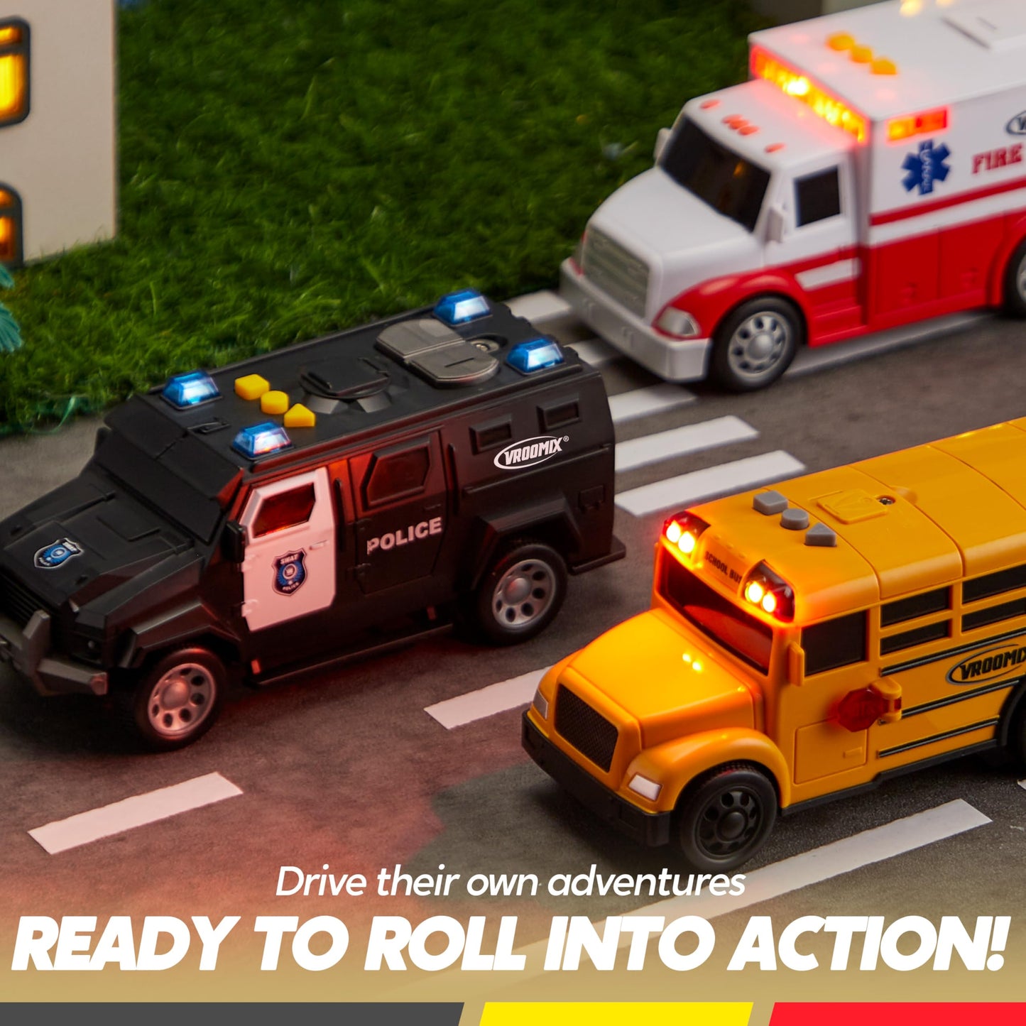 Vroomix Jova Emergency & School Vehicle Toy Set – Friction-Powered Cars with Lights & Sounds