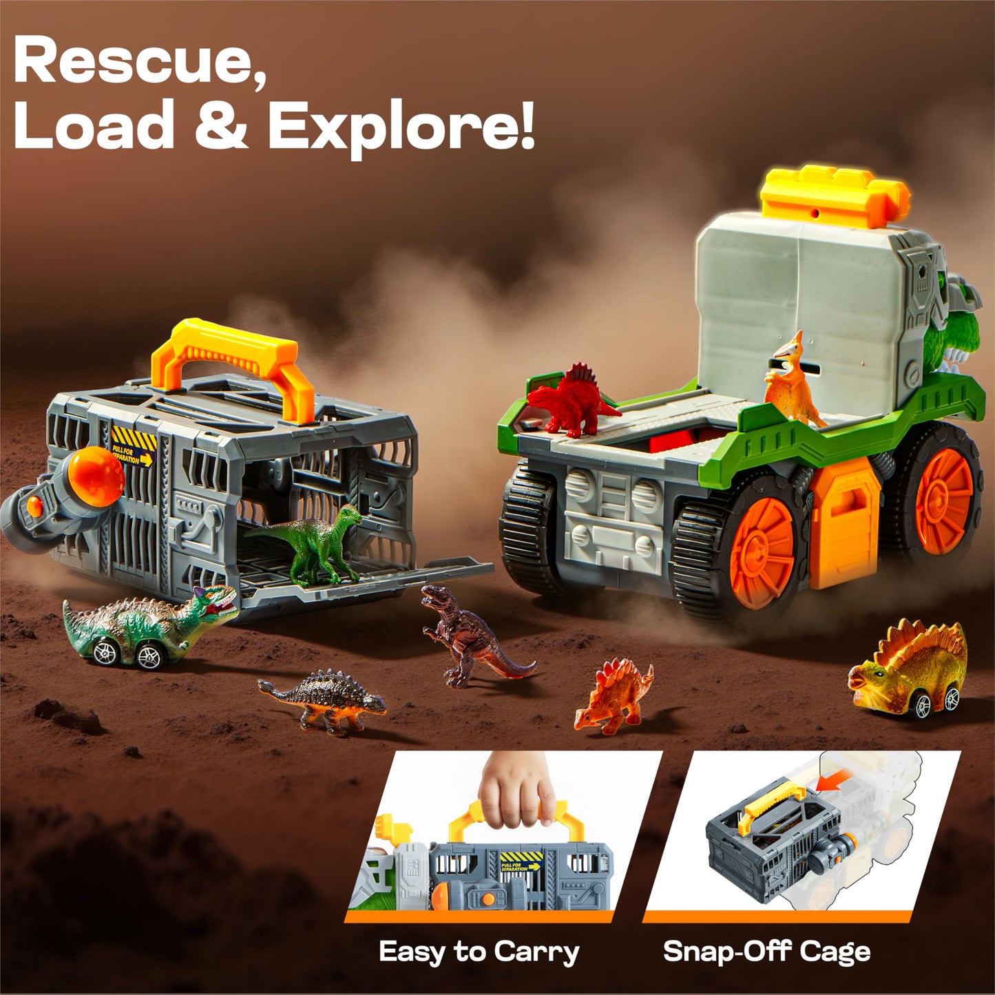 Vroomix JOVA 9-in-1 Dinosaur Transport Truck for Kids 3-5 | 2 Cars, 6 Figures, Launcher