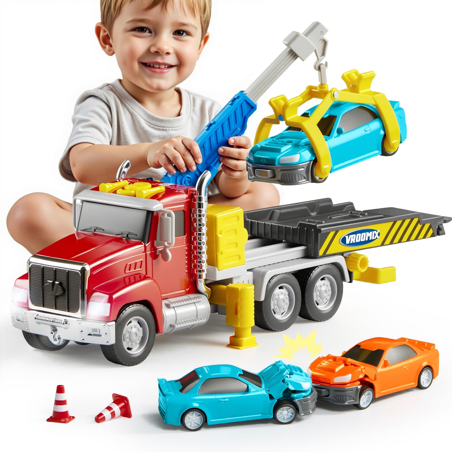 Vroomix JOVA Tow Truck Toys for Kids | Crane, Lights & Sounds | Gift for Ages 3-7