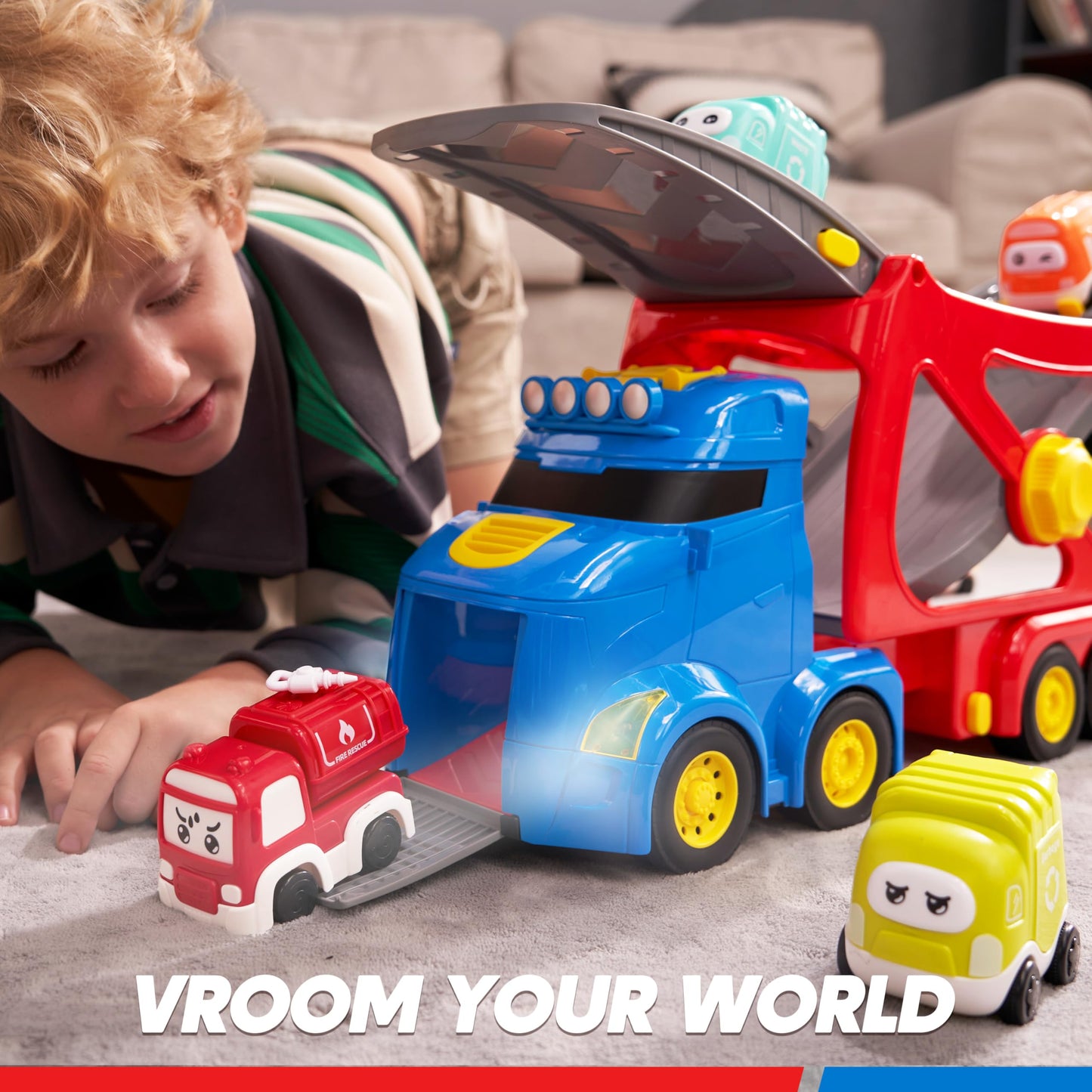 Vroomix Extra Large Toy Trucks for Toddlers – 7-in-1 Carrier Truck with Siren & Lights (26in)