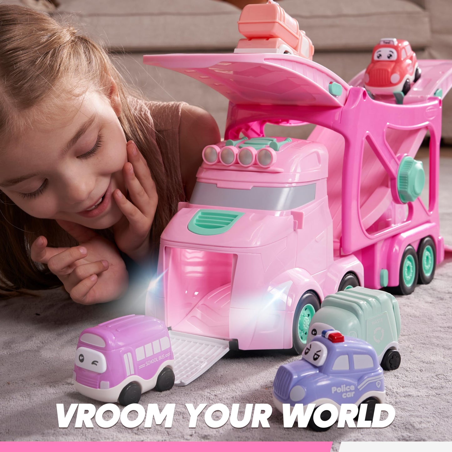 Vroomix Extra Large Toy Trucks for Toddlers – 7-in-1 Carrier Truck with Siren & Lights