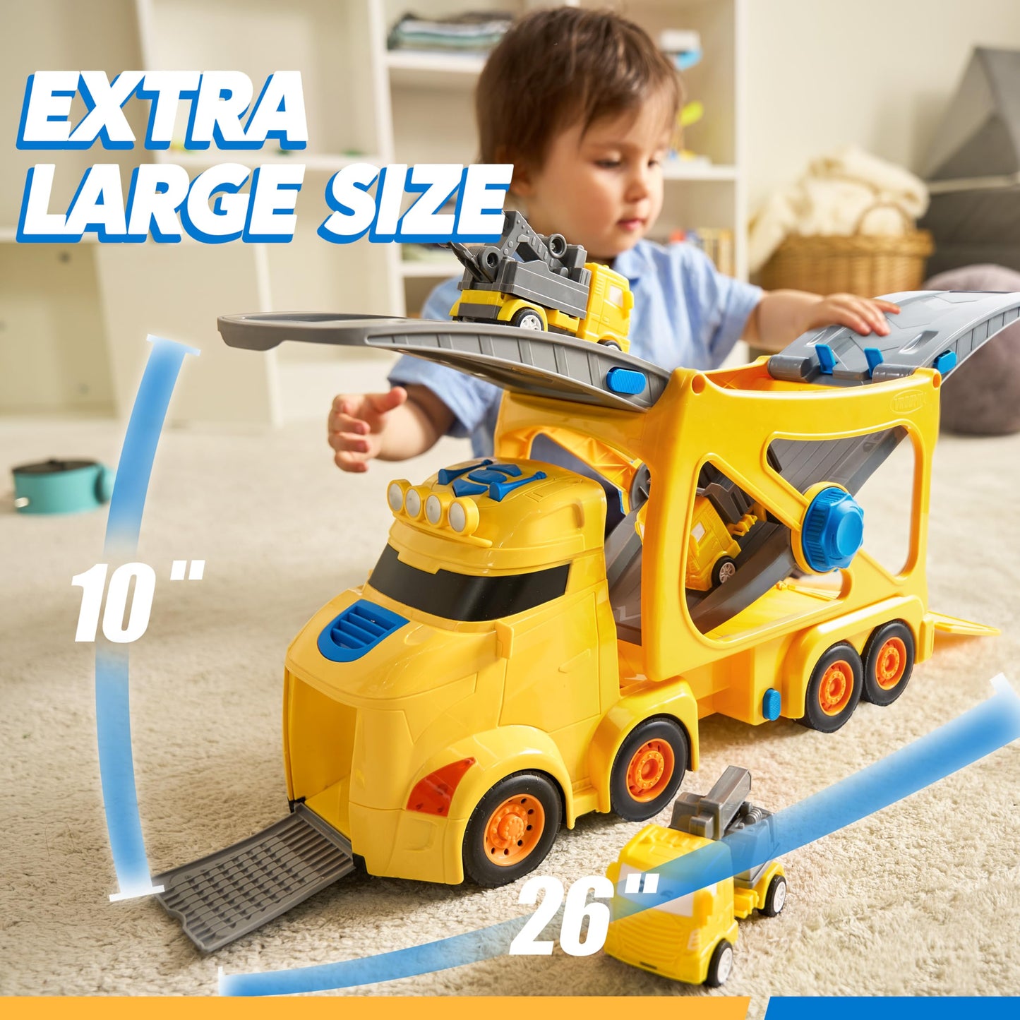 Vroomix Extra Large Toy Trucks for Toddlers – 7-in-1 Carrier Truck with Lights & 6 Cars