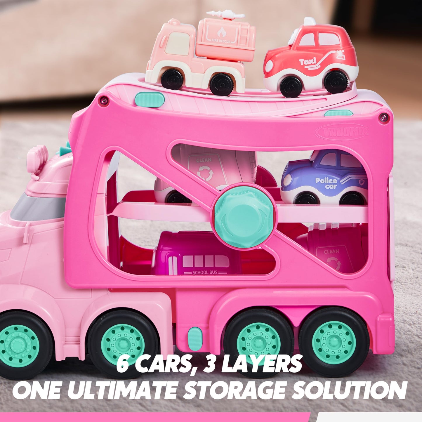 Vroomix Extra Large Toy Trucks for Toddlers – 7-in-1 Carrier Truck with Siren & Lights