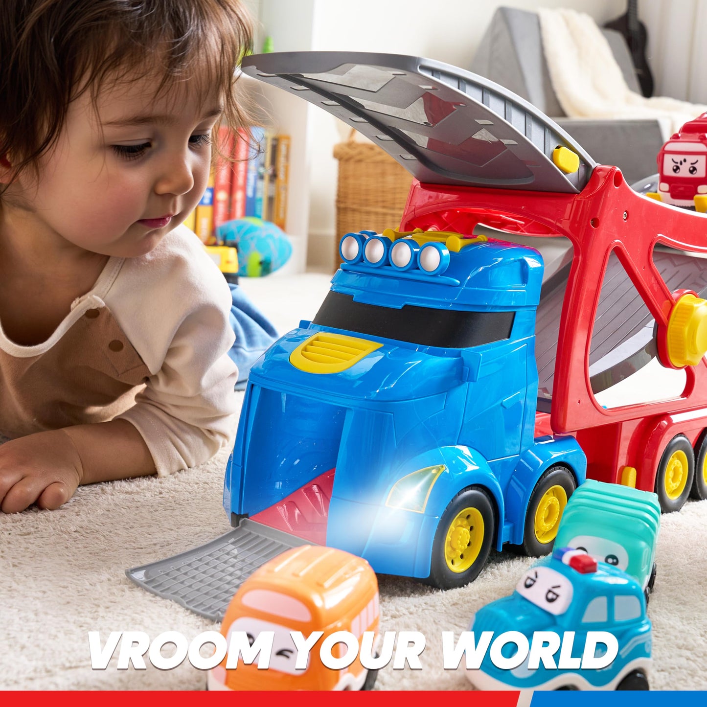 Vroomix Extra Large Toy Trucks for Toddlers – 7-in-1 Carrier Truck with Siren & Lights (26in)