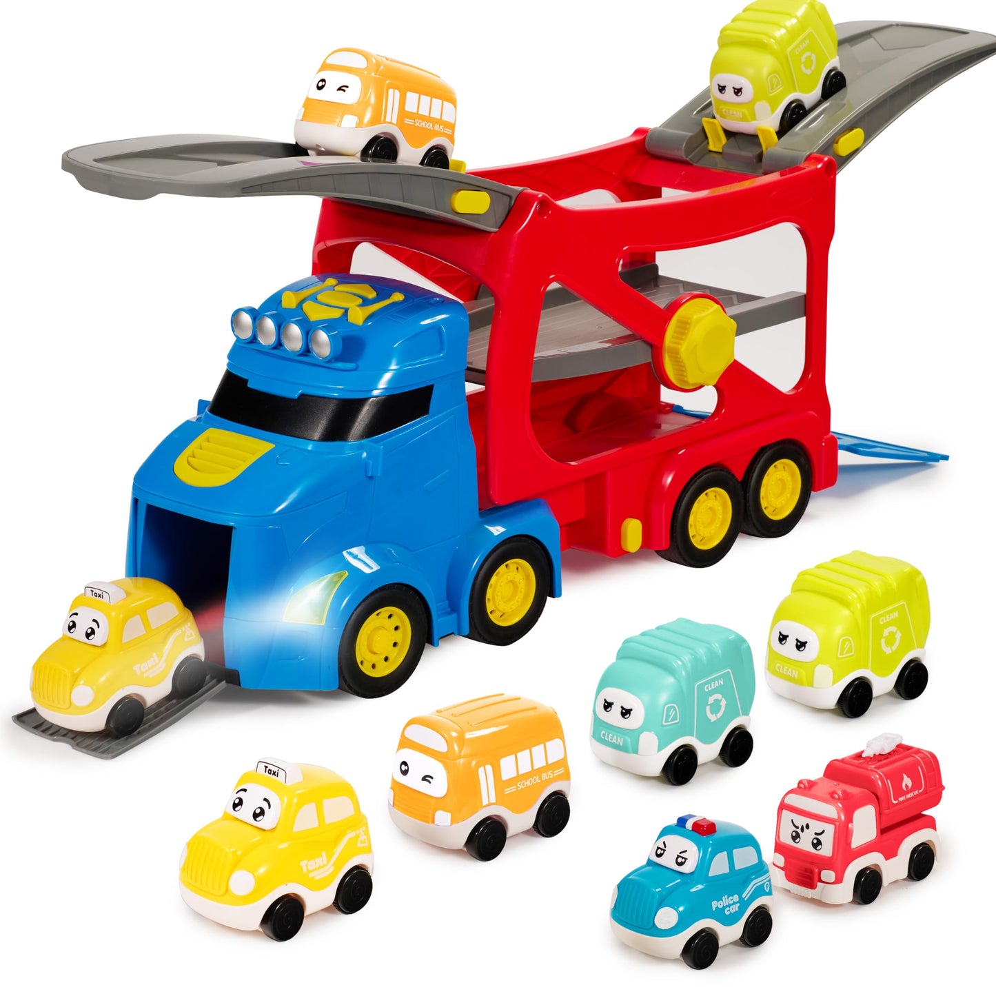 Vroomix Extra Large Toy Trucks for Toddlers – 7-in-1 Carrier Truck with Siren & Lights (26in)