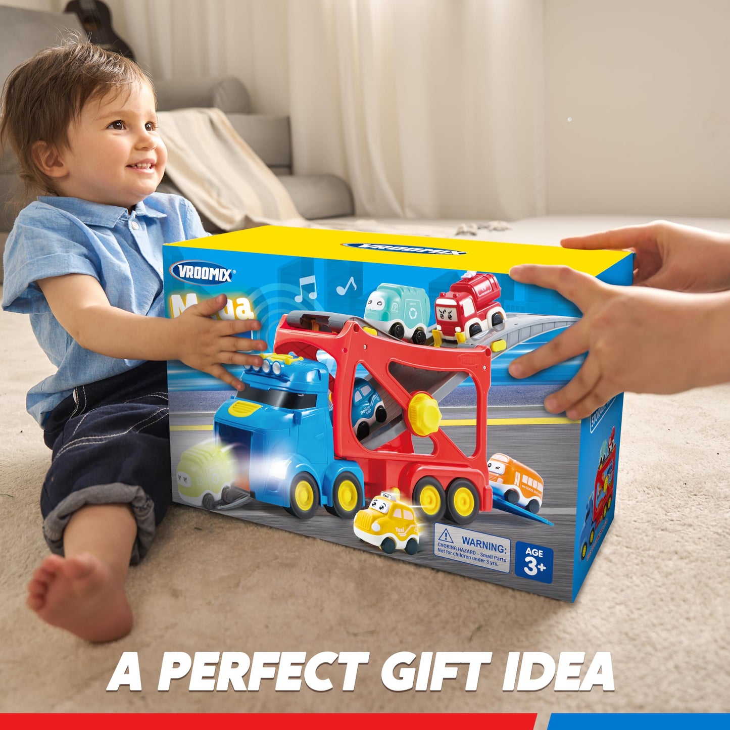 Vroomix Extra Large Toy Trucks for Toddlers – 7-in-1 Carrier Truck with Siren & Lights (26in)