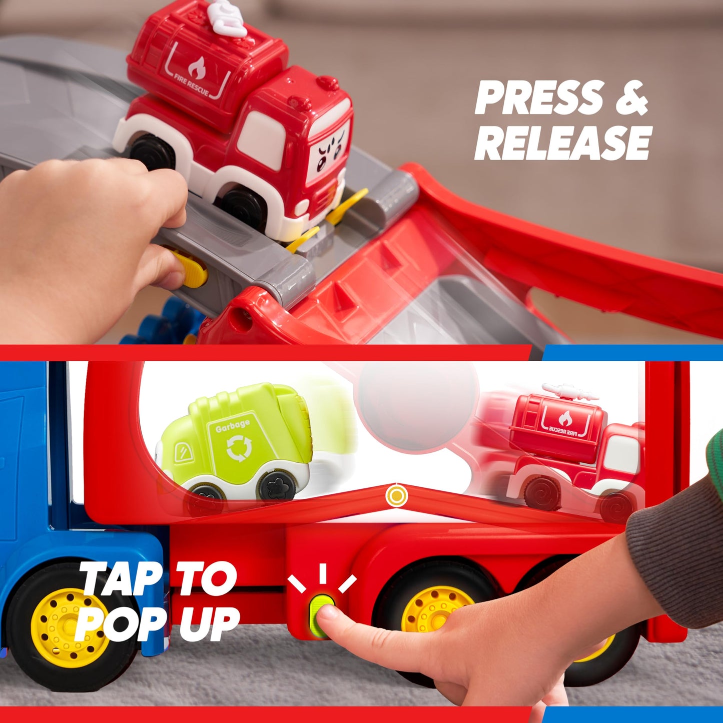 Vroomix Extra Large Toy Trucks for Toddlers – 7-in-1 Carrier Truck with Siren & Lights (26in)