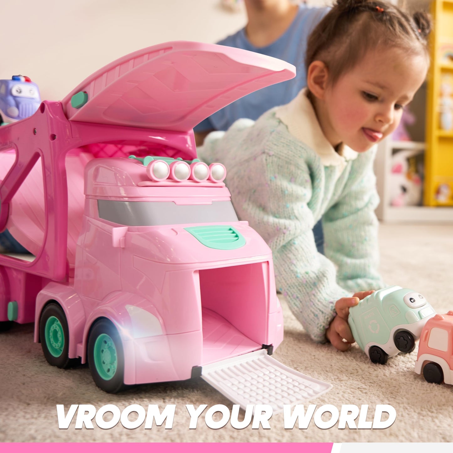 Vroomix Extra Large Toy Trucks for Toddlers – 7-in-1 Carrier Truck with Siren & Lights