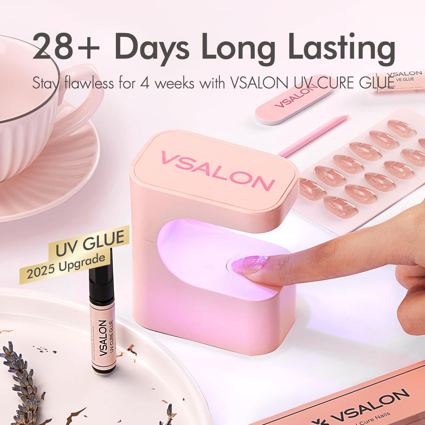 VSALON Press-On Nails Short Almond – Chrome Ombre 3D Star Kit | 42 PCS + Full Tool Kit