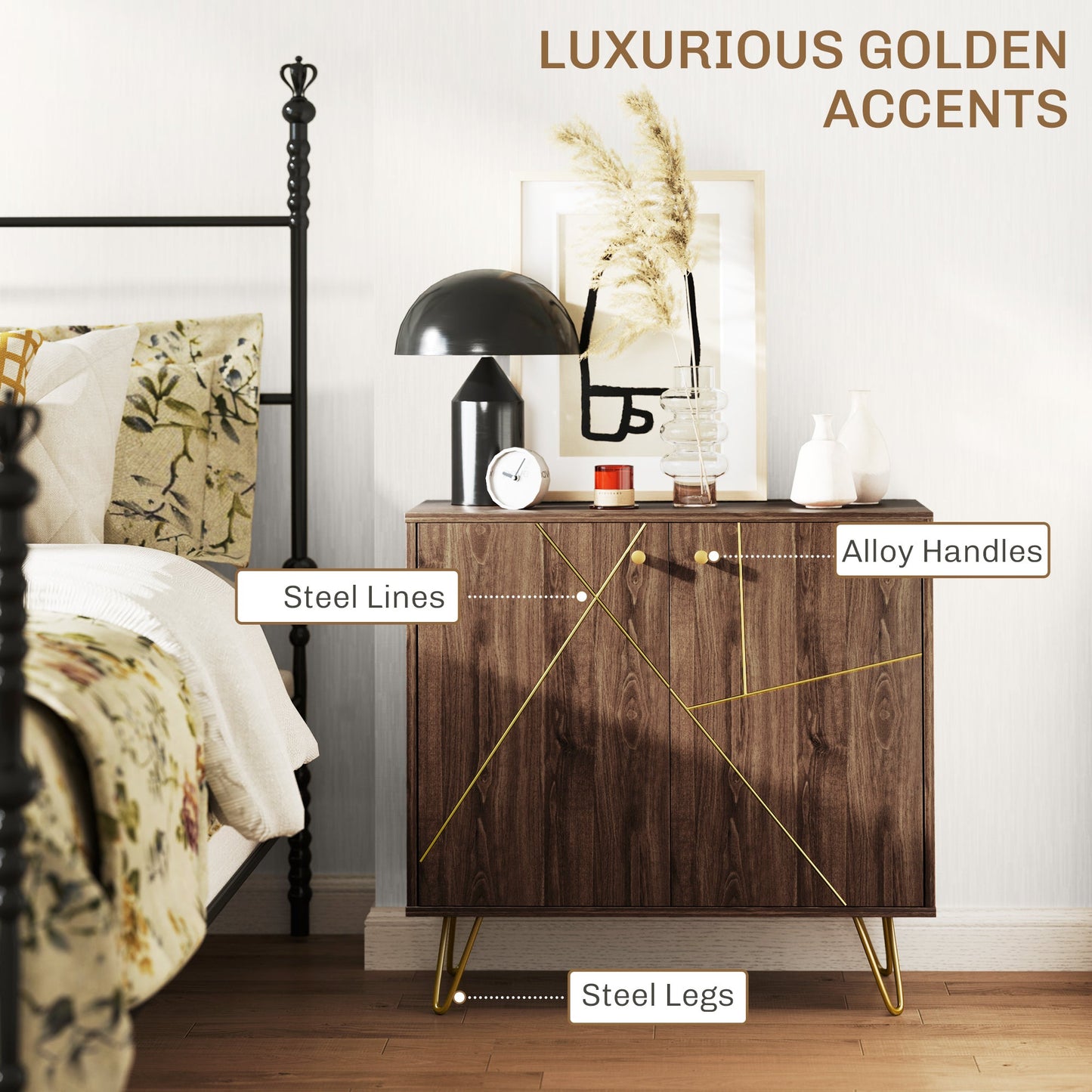 HOMCOM Sideboard Storage Cabinet with Luxurious Steel Lines Steel Legs Brown