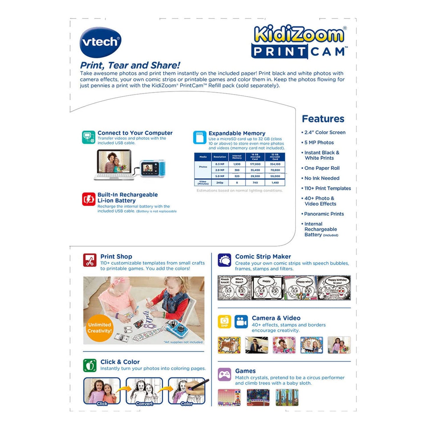 VTech KidiZoom PrintCam, Blue – Instant Photo Printing for Kids, Selfies & 110+ Templates