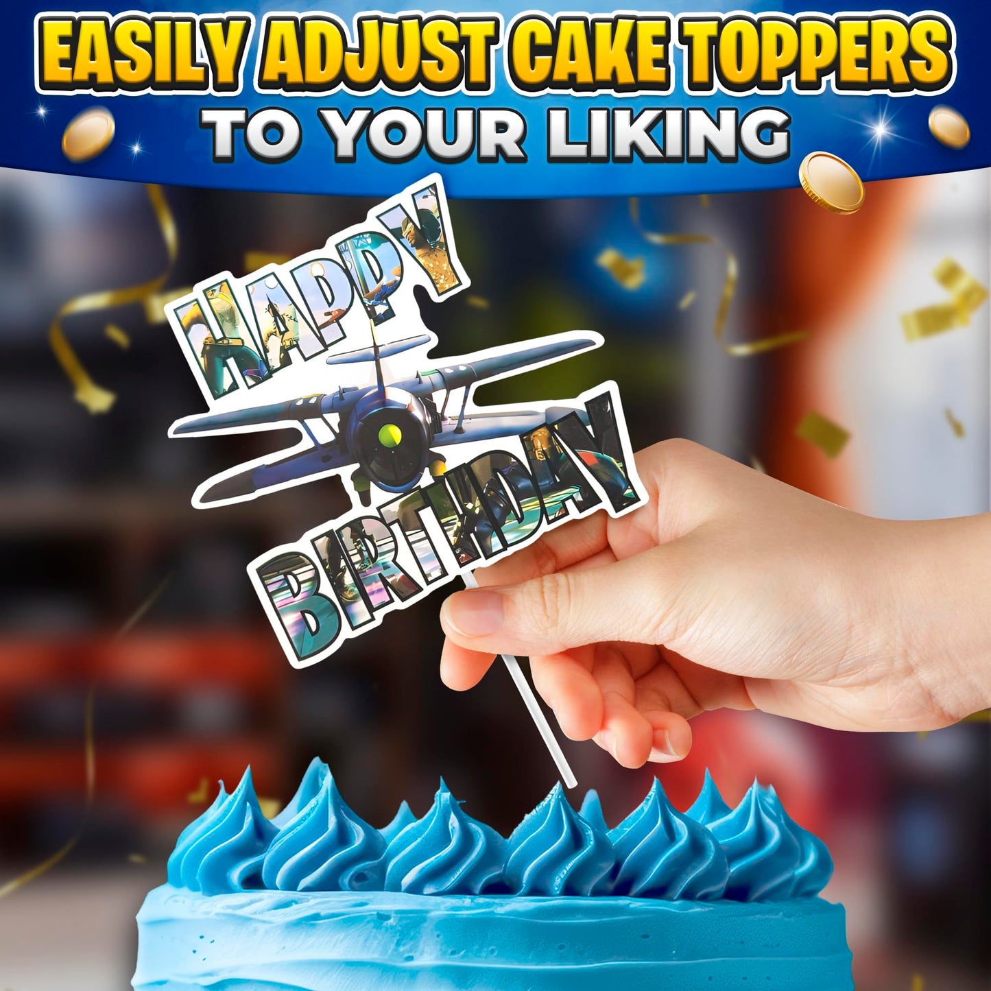 V TOWER Video Game Cake Topper with 7 Action Figures & Large Logo | Sturdy Cardboard Decorations