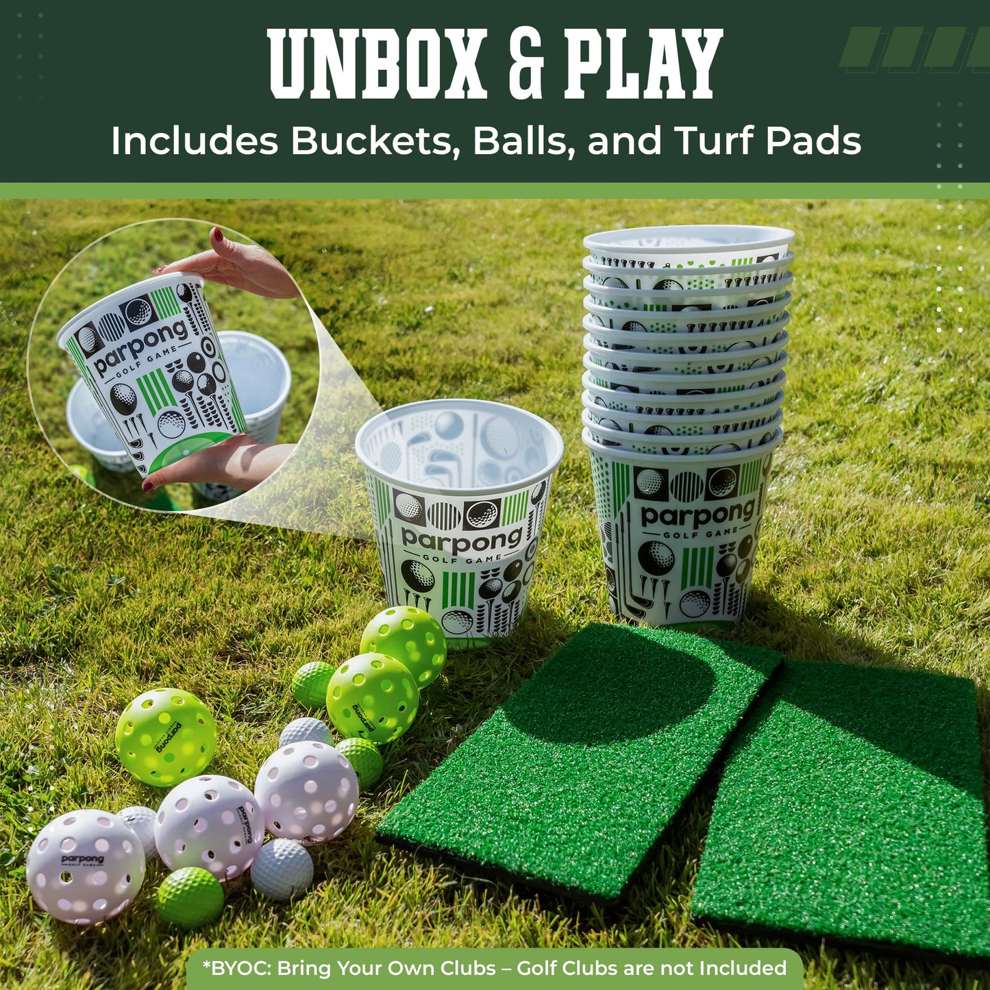 VULCANO SPORTS Par Pong Backyard Golf Chipping Game – 12 Buckets, 2 Hitting Mats & Balls