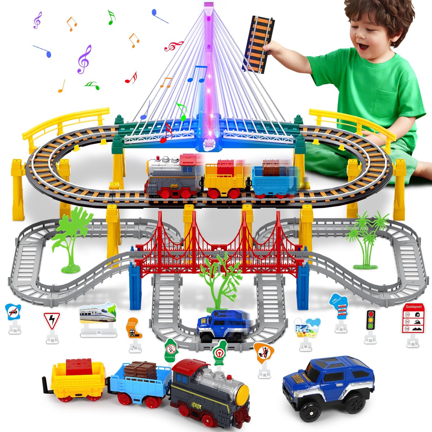 Vunrahsg Electric Train Set for Kids 4-8 — 103-Piece 2-in-1 Car & Train Playset