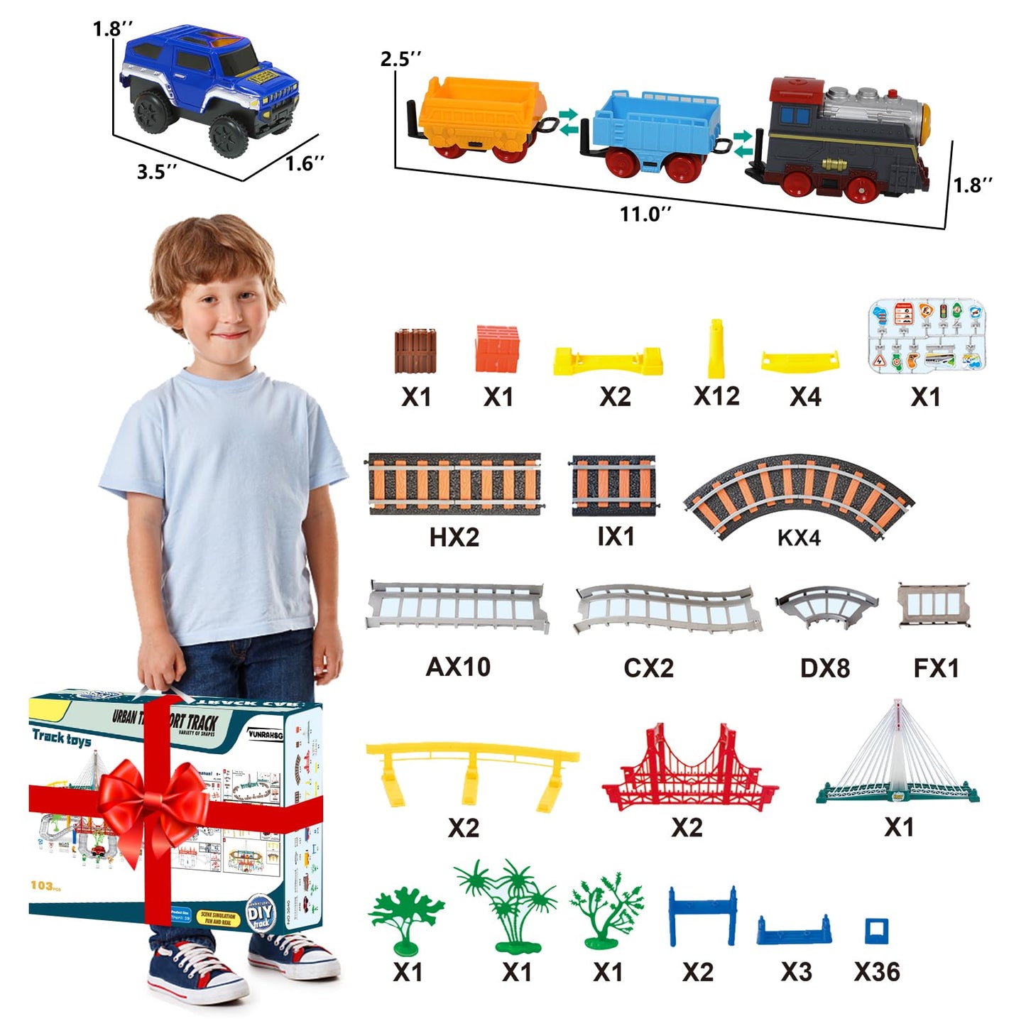 Vunrahsg Electric Train Set for Kids 4-8 — 103-Piece 2-in-1 Car & Train Playset