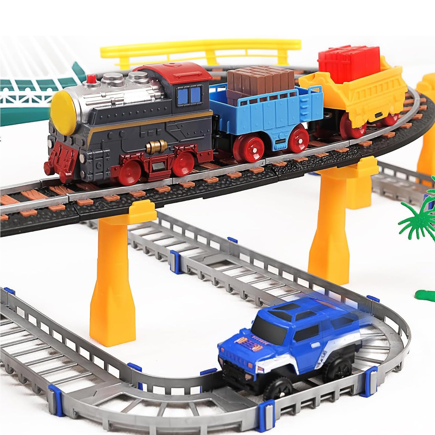 Vunrahsg Electric Train Set for Kids 4-8 — 103-Piece 2-in-1 Car & Train Playset