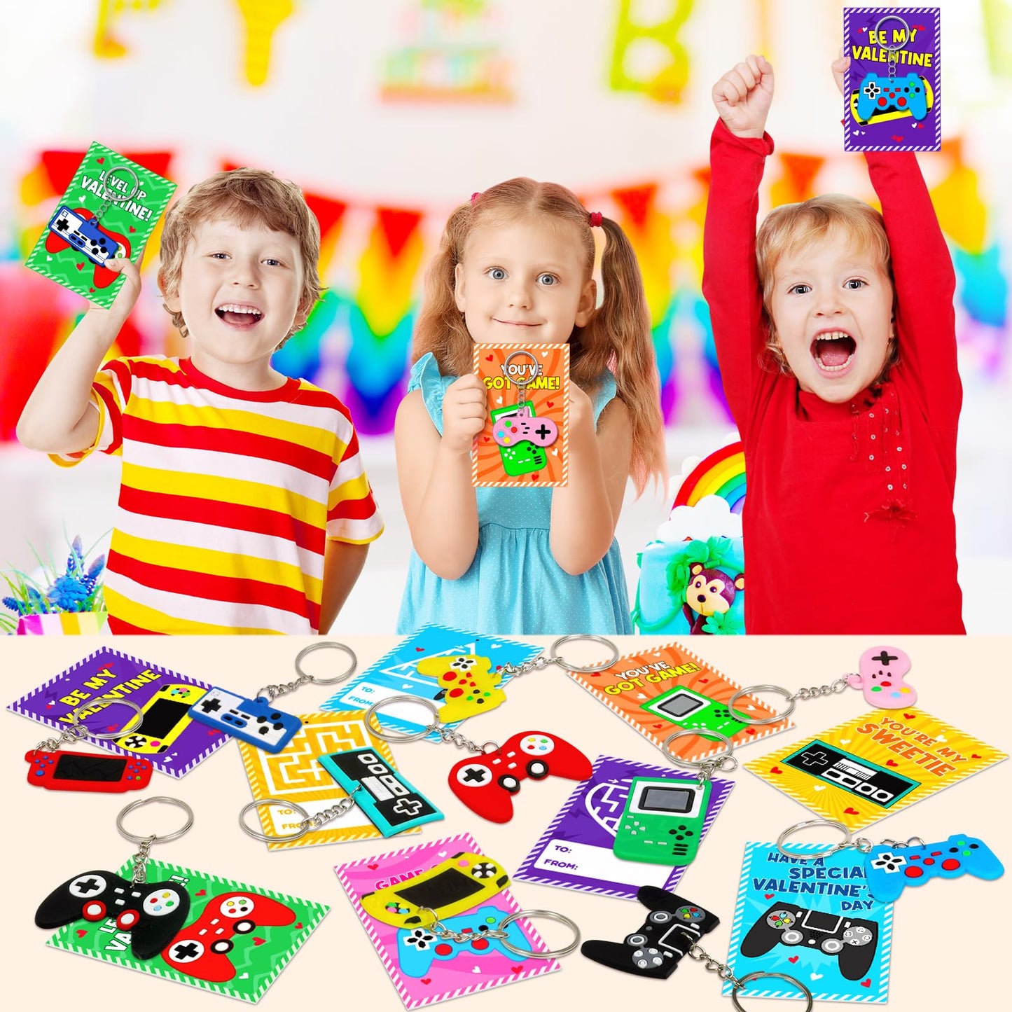 Vunrahsg 30pcs Valentines Day Cards & Video Game Keychains for Kids – Bulk Classroom Exchange Favors