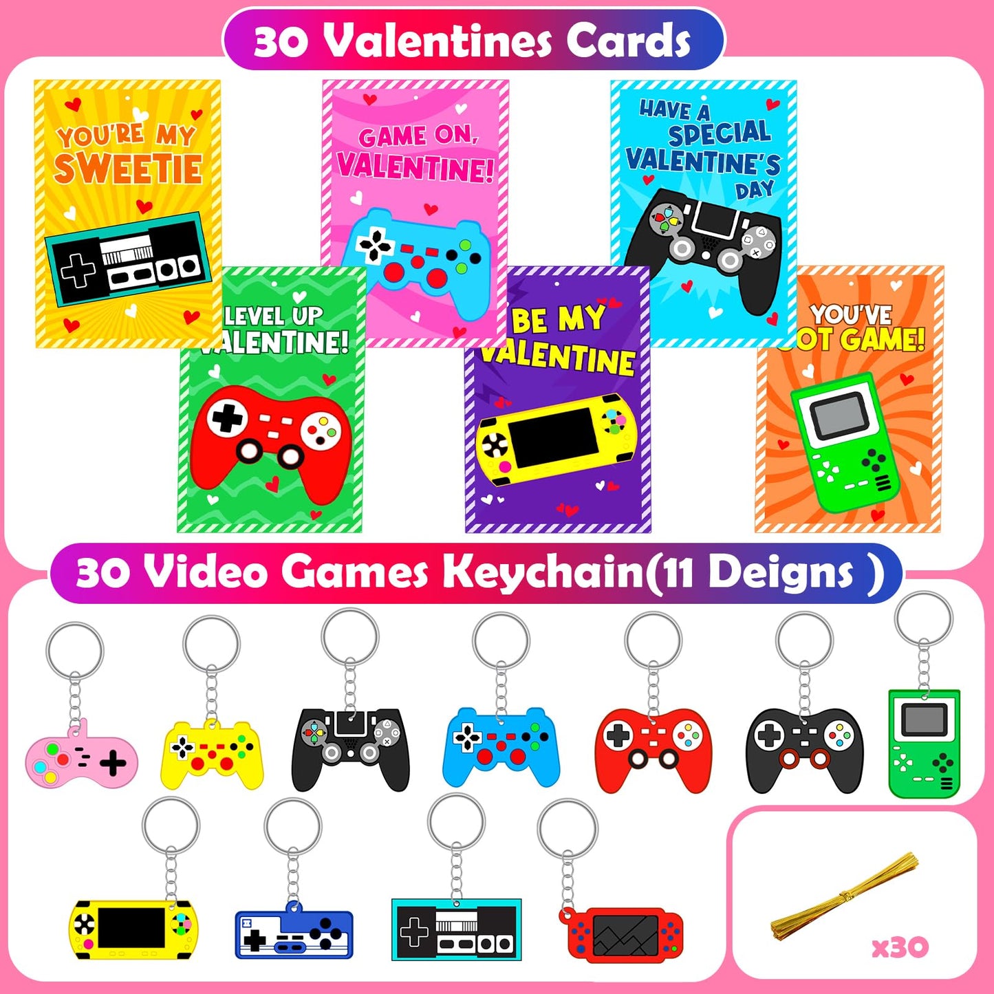 Vunrahsg 30pcs Valentines Day Cards & Video Game Keychains for Kids – Bulk Classroom Exchange Favors