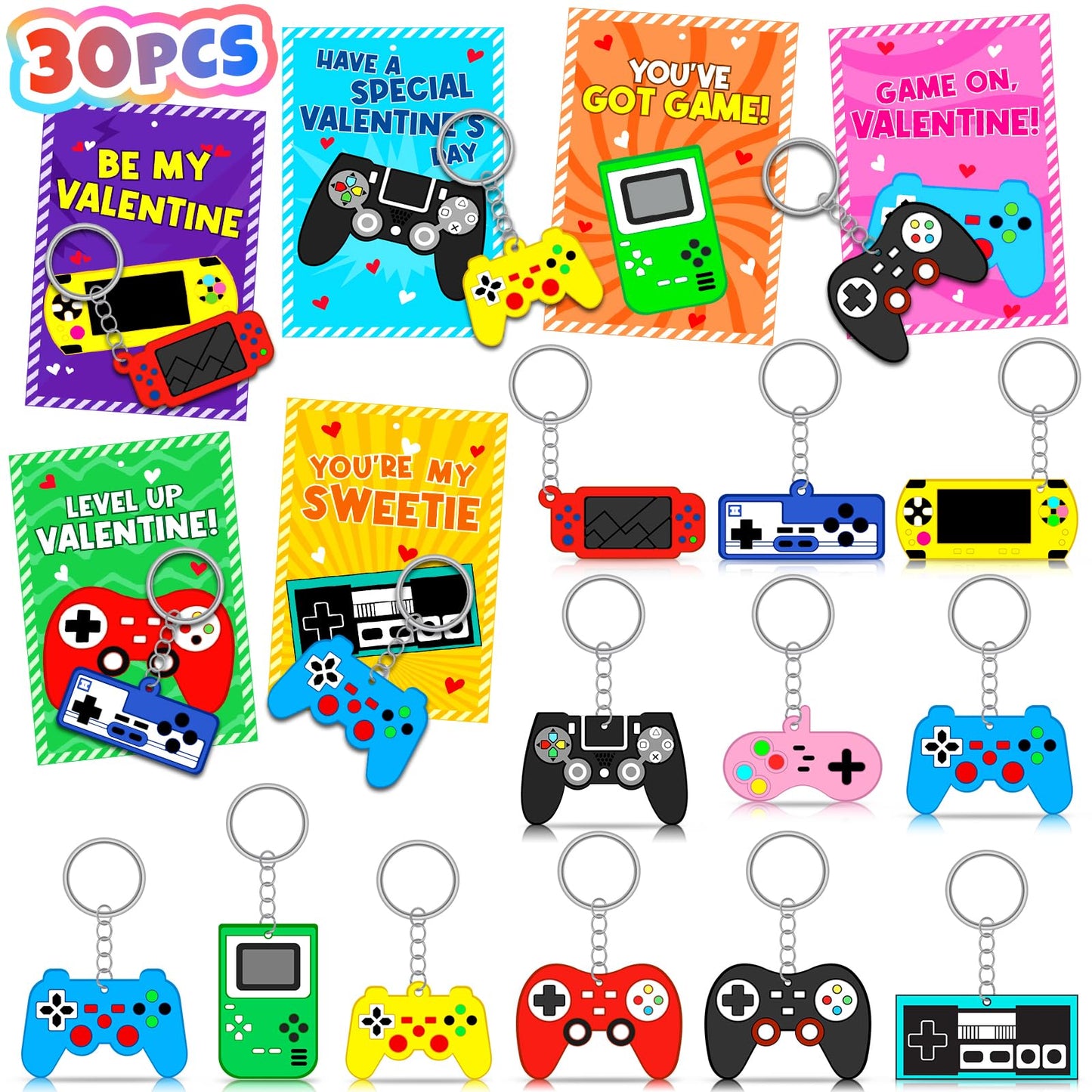 Vunrahsg 30pcs Valentines Day Cards & Video Game Keychains for Kids – Bulk Classroom Exchange Favors