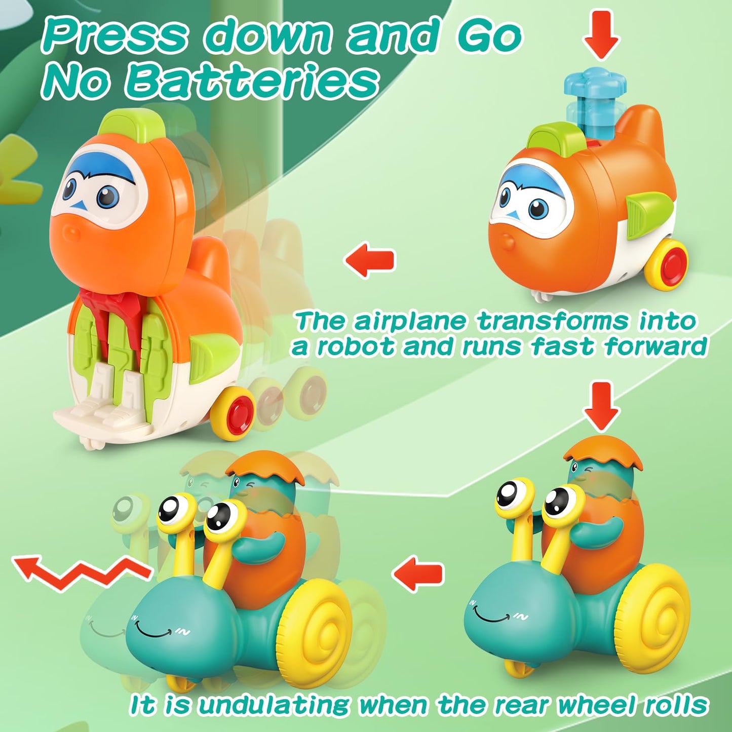vusum Press to Go Car Toys for Toddlers 1-4 | Battery-Free Push Cars, Safe & Fun