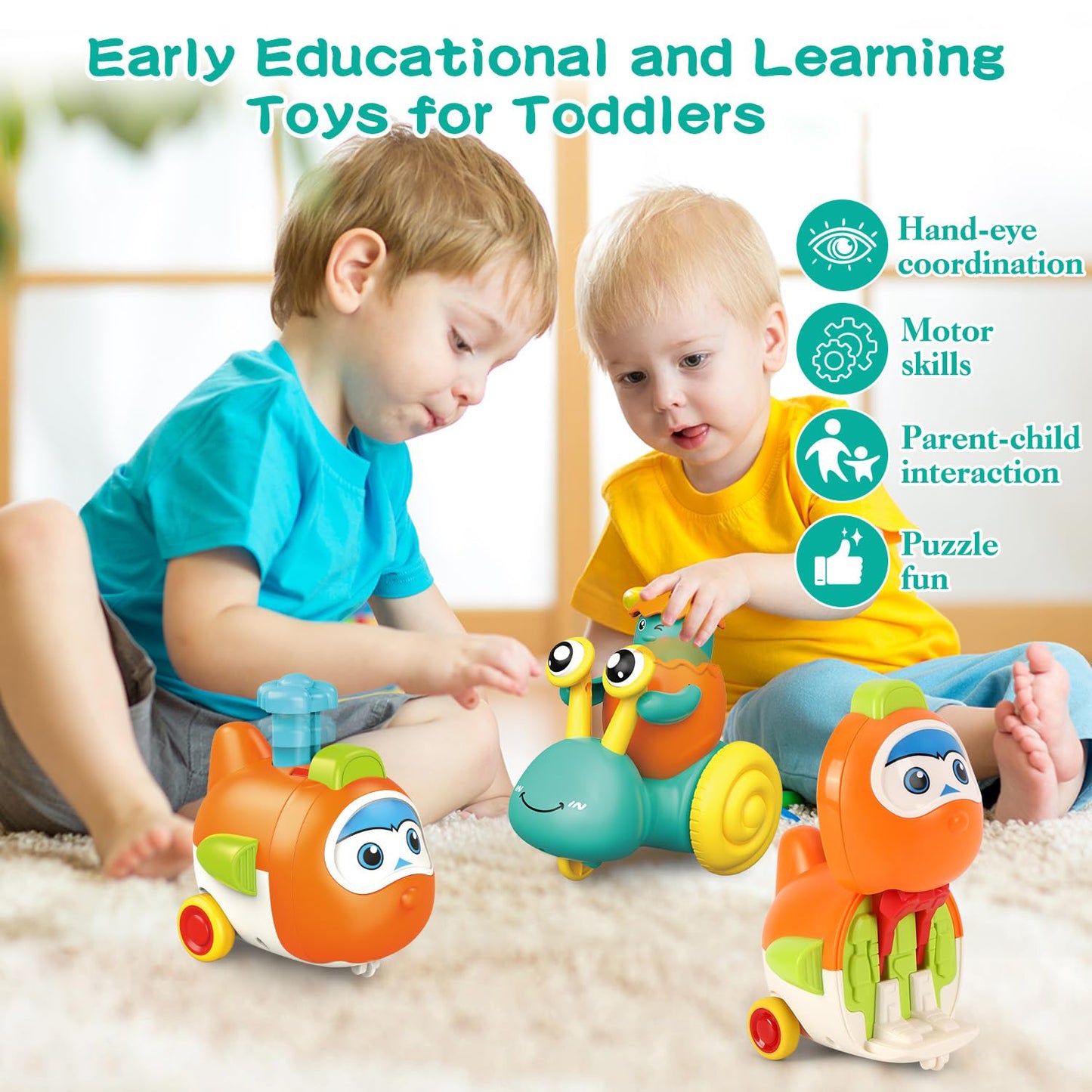 vusum Press to Go Car Toys for Toddlers 1-4 | Battery-Free Push Cars, Safe & Fun