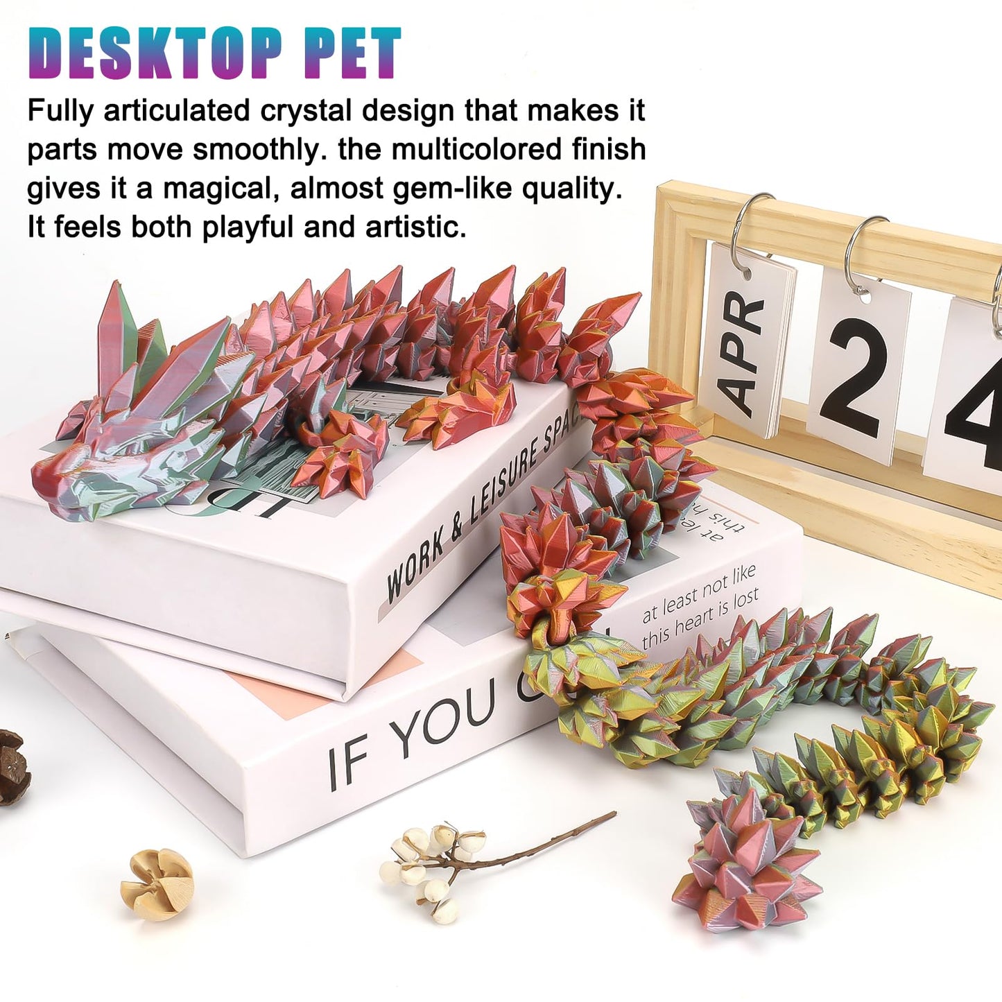 VUTIKPIX 30-Inch Large 3D Printed Crystal Dragon – Articulated Winged Desk Fidget & Decor