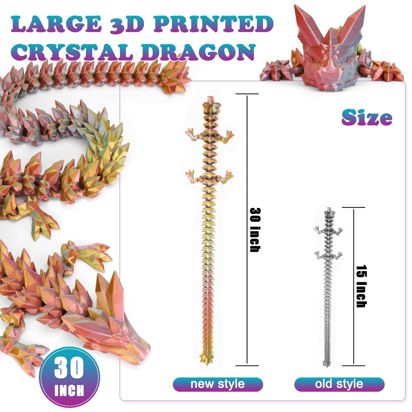 VUTIKPIX 30-Inch Large 3D Printed Crystal Dragon – Articulated Winged Desk Fidget & Decor