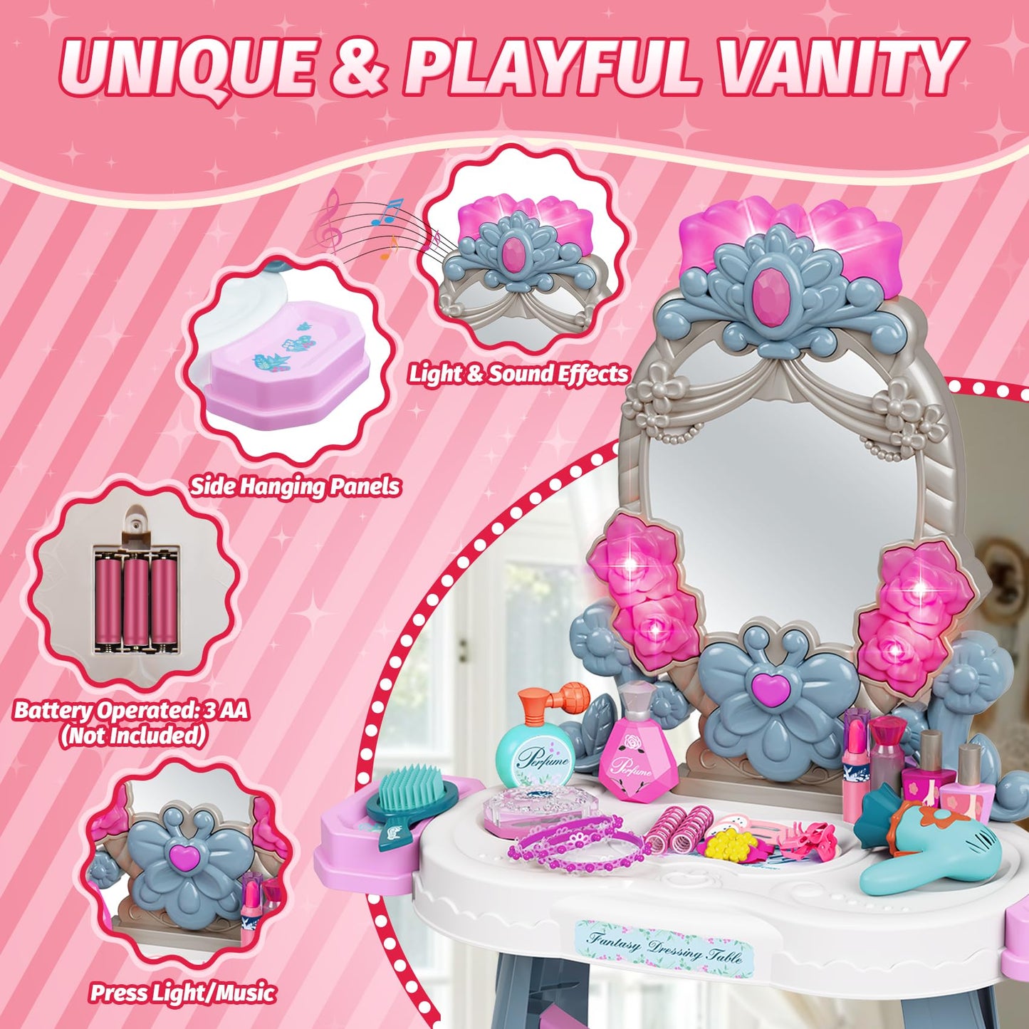 VViN Kids Vanity Set – Light & Music Princess Table with Stool & Accessories for Ages 3–5